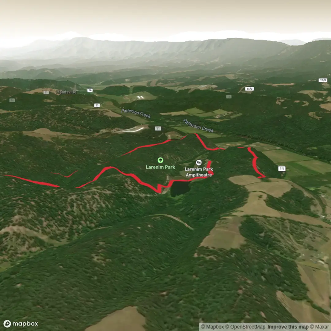 An image depicting the trail Larenim Park Loop and its surrounding area.