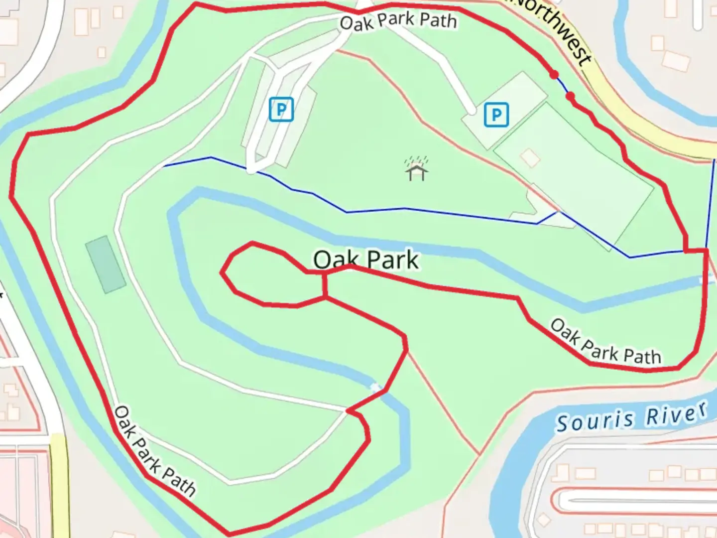 An image depicting the trail Oak Park Path Loop and its surrounding area.