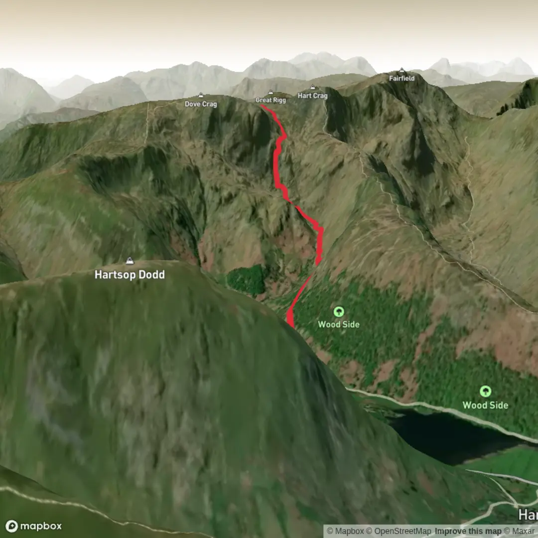 An image depicting the trail Sykeside to Dove Crag and its surrounding area.