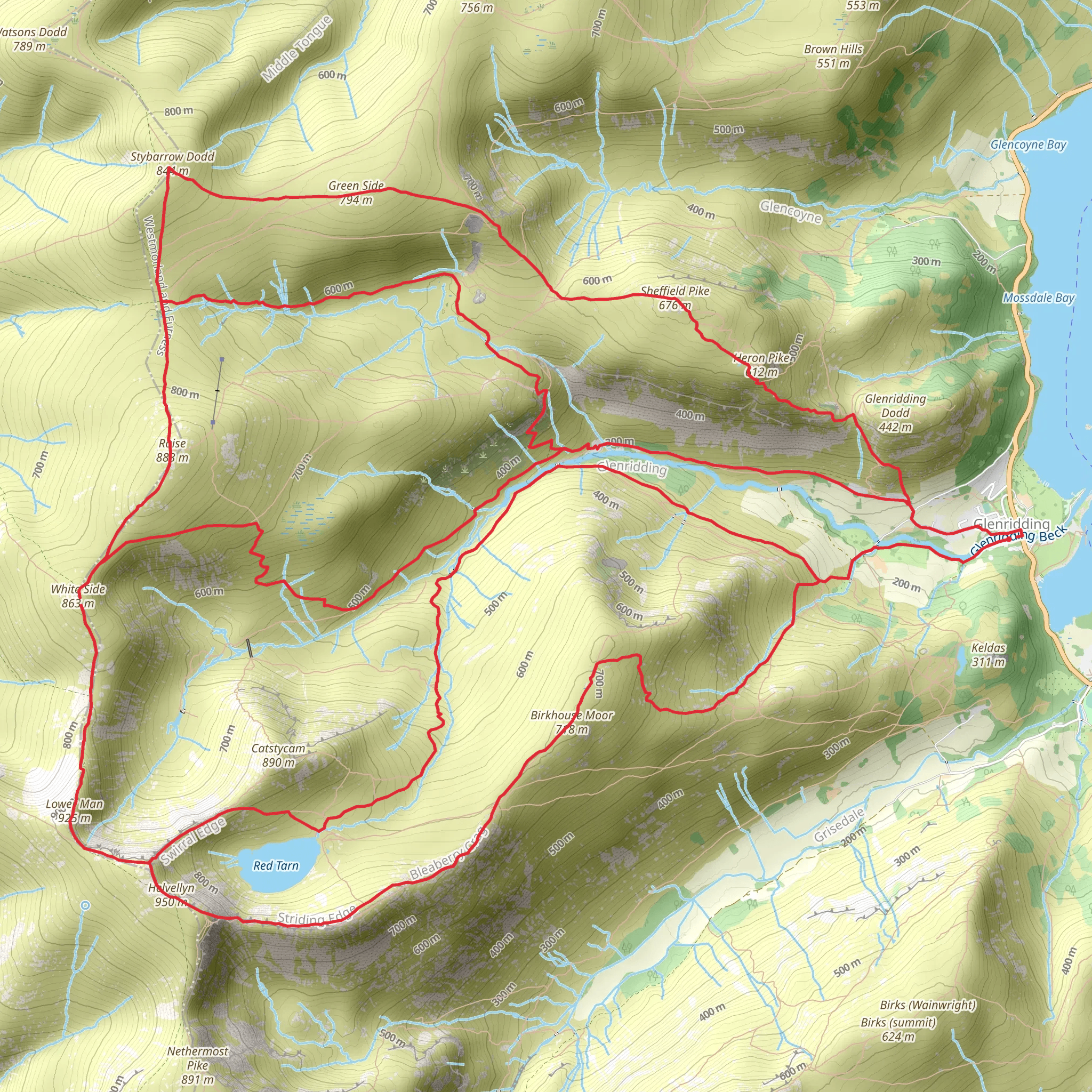 Helvellyn, Whiteside and Stybarrow Dod Loop from Glenridding mobile static map