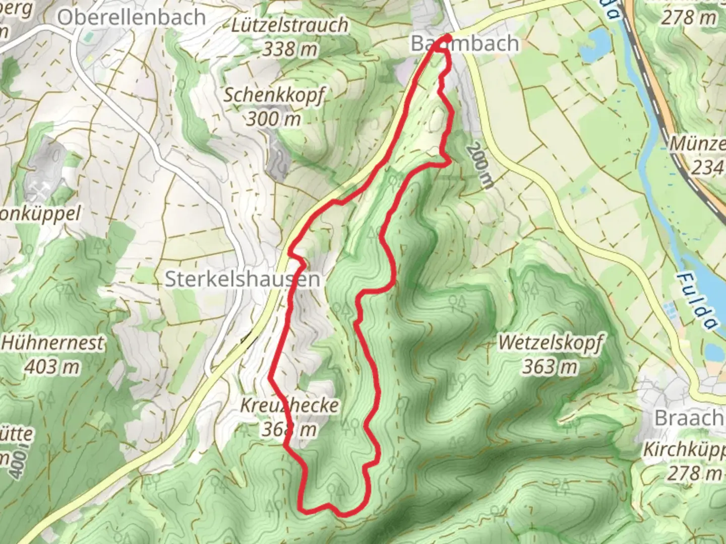 An image depicting the trail Baumbach Rundweg and Braach Rundweg and its surrounding area.