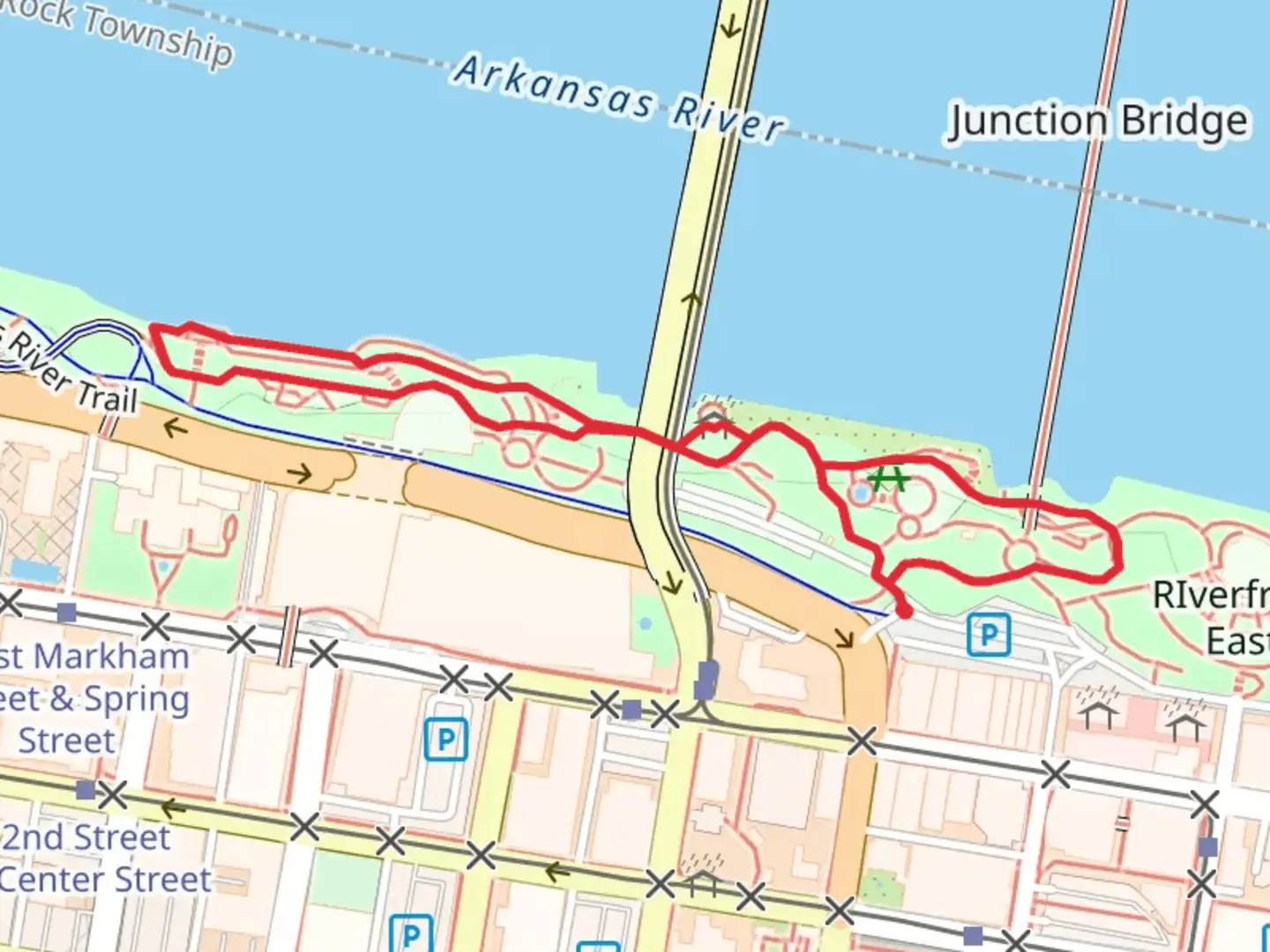 An image depicting the trail Riverfront West and The Little Rock Loop and its surrounding area.