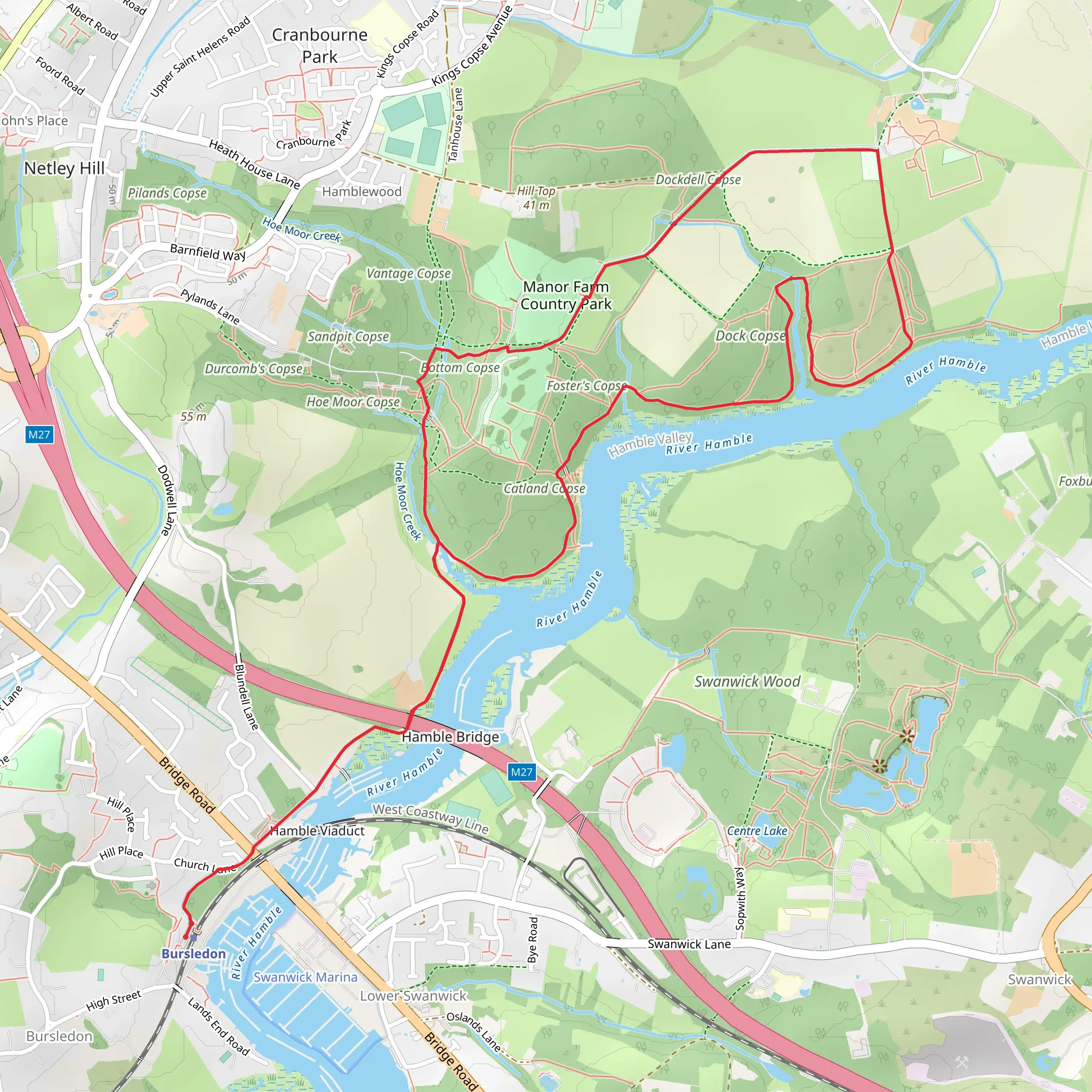 Bottom Copse and Manor Farm Country Park via Strawberry Trail mobile static map