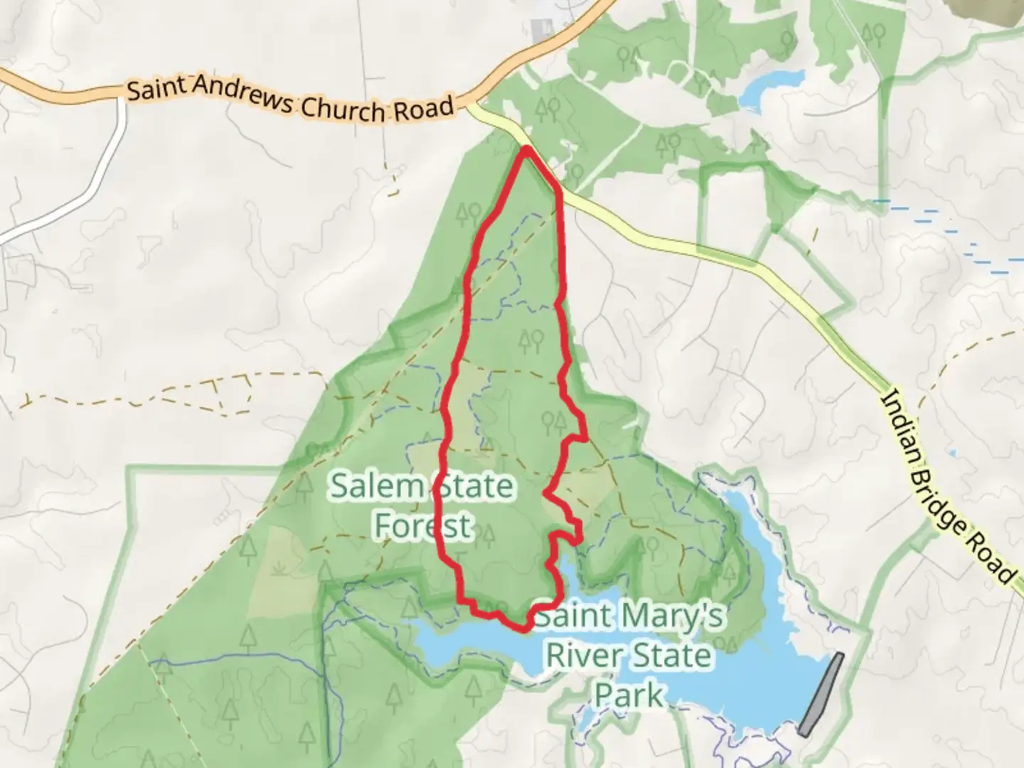 An image depicting the trail Western Branch Road, West Lake and Pine Loop Trail and its surrounding area.