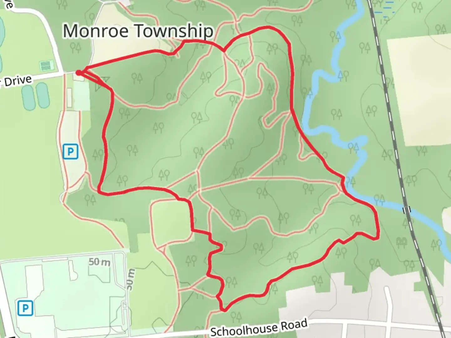 An image depicting the trail Thompson Park Loop and its surrounding area.