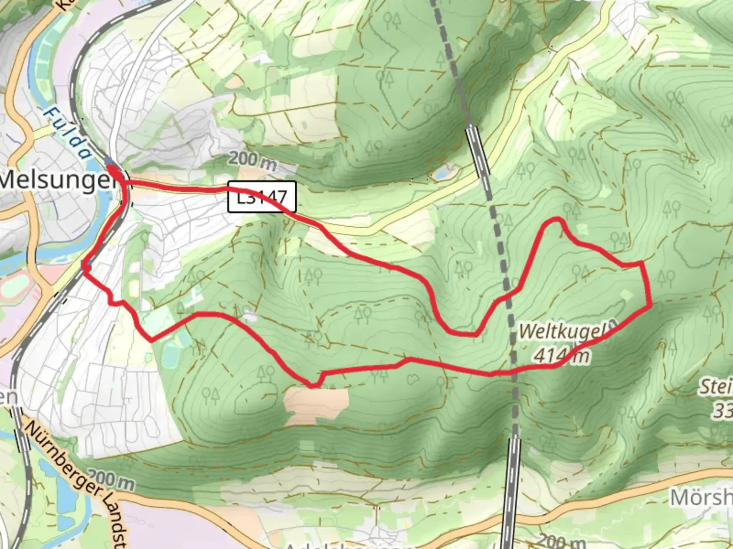 An image depicting the trail Melsunger Rundwanderweg and ARS Natura and its surrounding area.