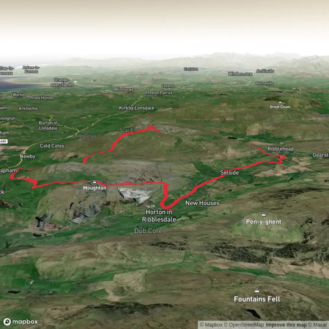 An image depicting the trail Clapham - Hunter Hill and Ingleborough and its surrounding area.