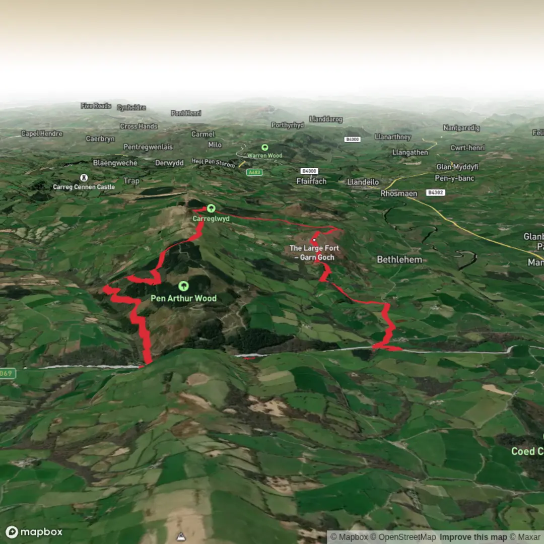 An image depicting the trail Carn Goch and the Afon Sawdde (15) and its surrounding area.