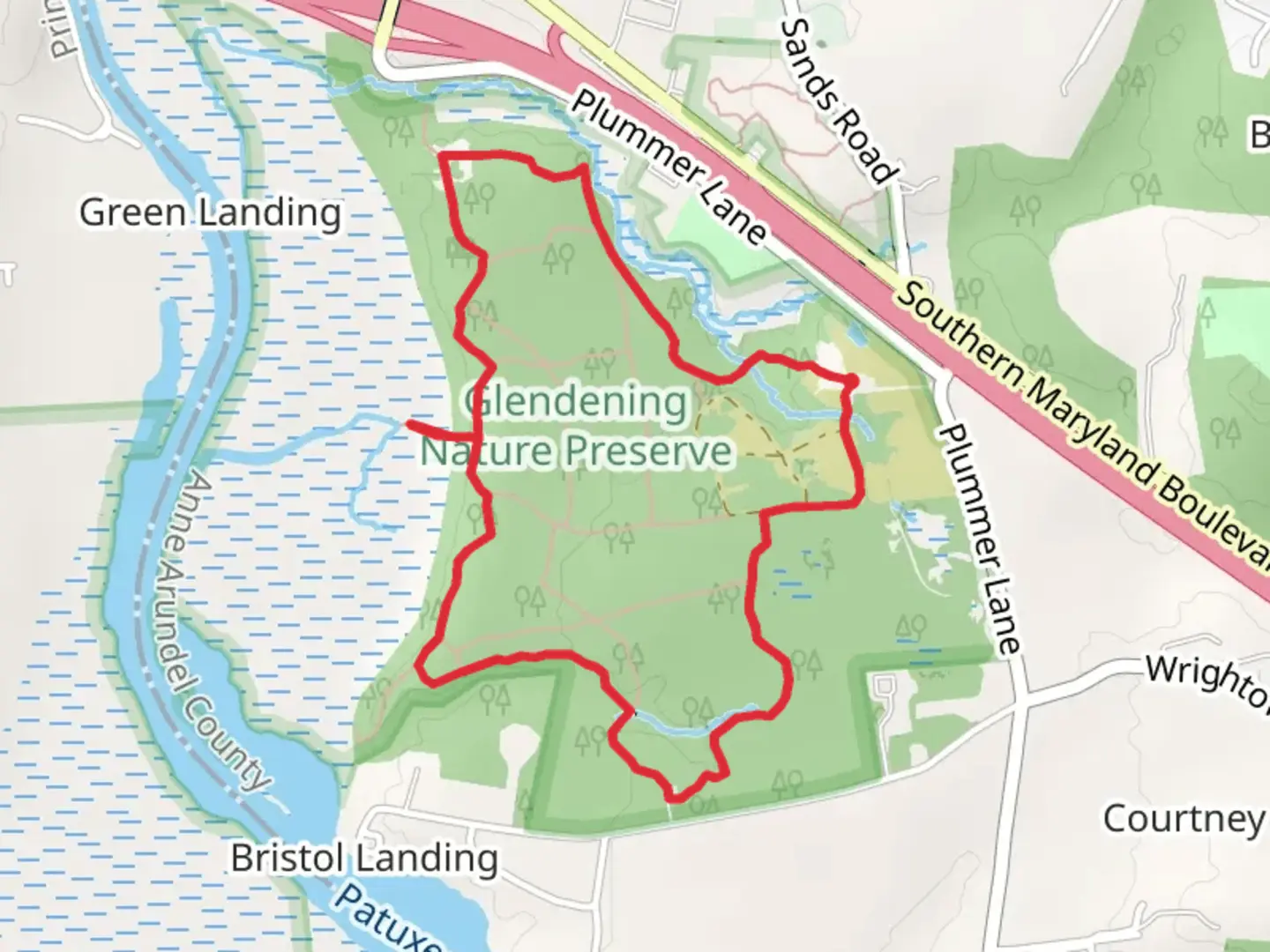 An image depicting the trail Beaver-Rock, Red Oak and Fern Loop Trail and its surrounding area.