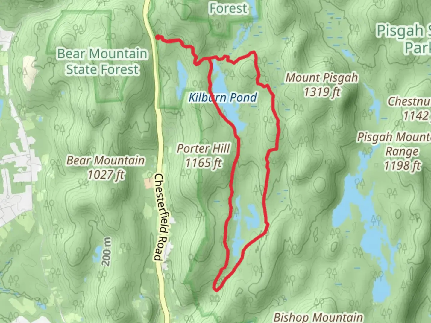 An image depicting the trail Kilburn Pond from Chesterfield Road and its surrounding area.