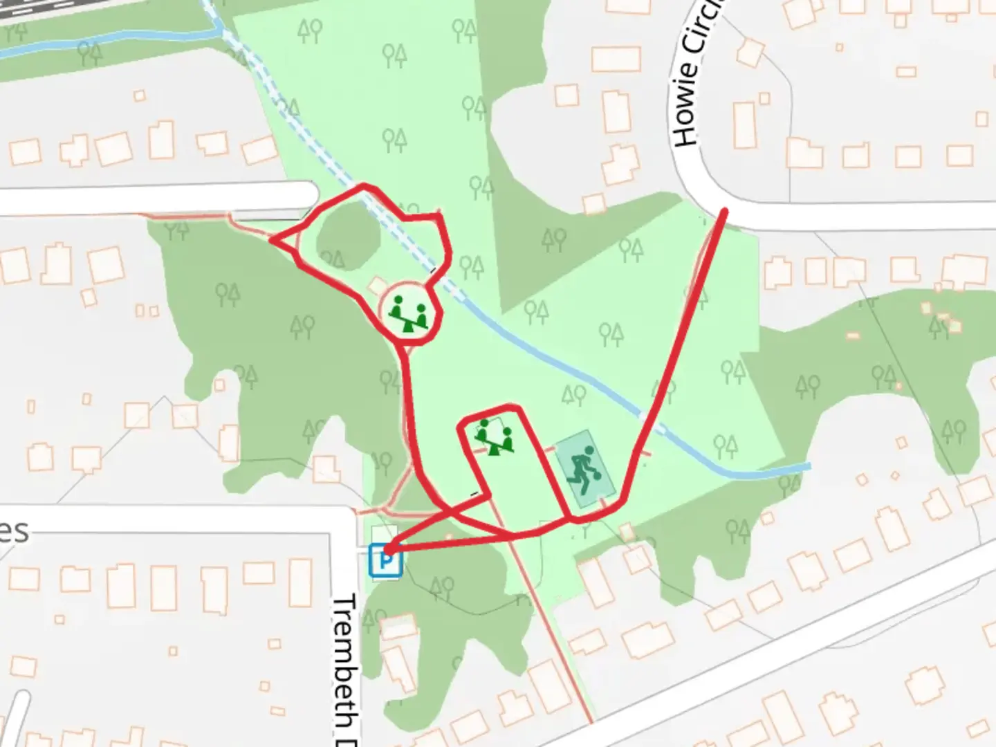 An image depicting the trail Howie Acres Park Loop and its surrounding area.