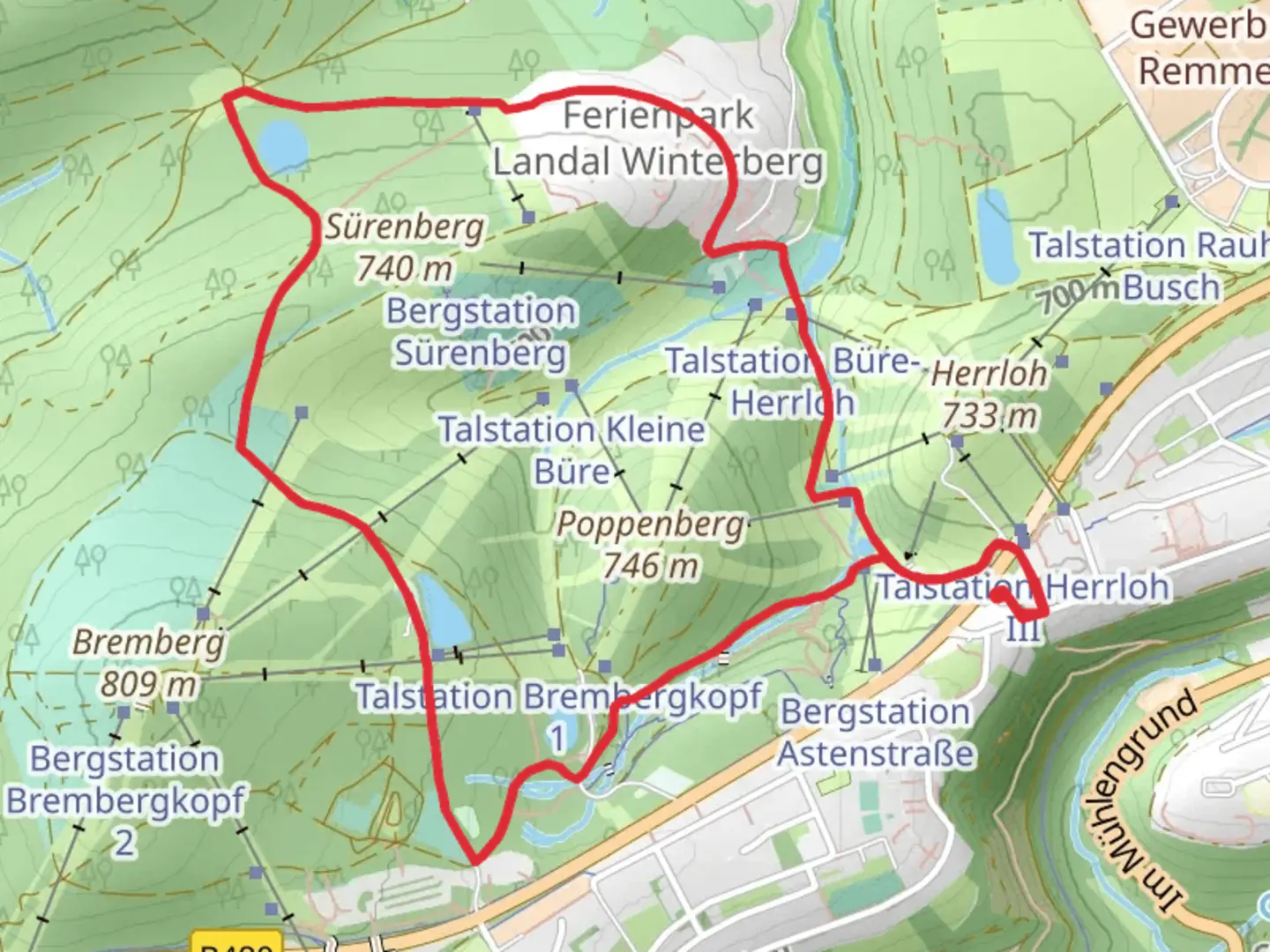 An image depicting the trail Winterberg Rundweg W6 Suerenbergweg and its surrounding area.
