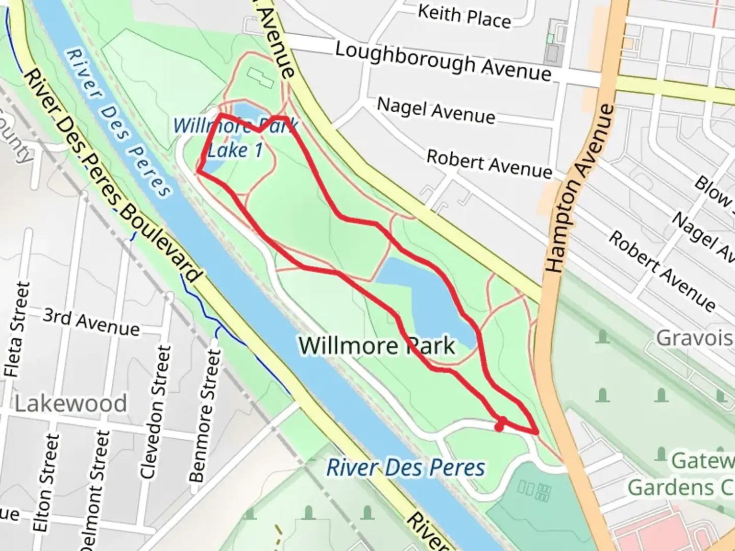 An image depicting the trail Willmore Park Lake 2 Loop and its surrounding area.