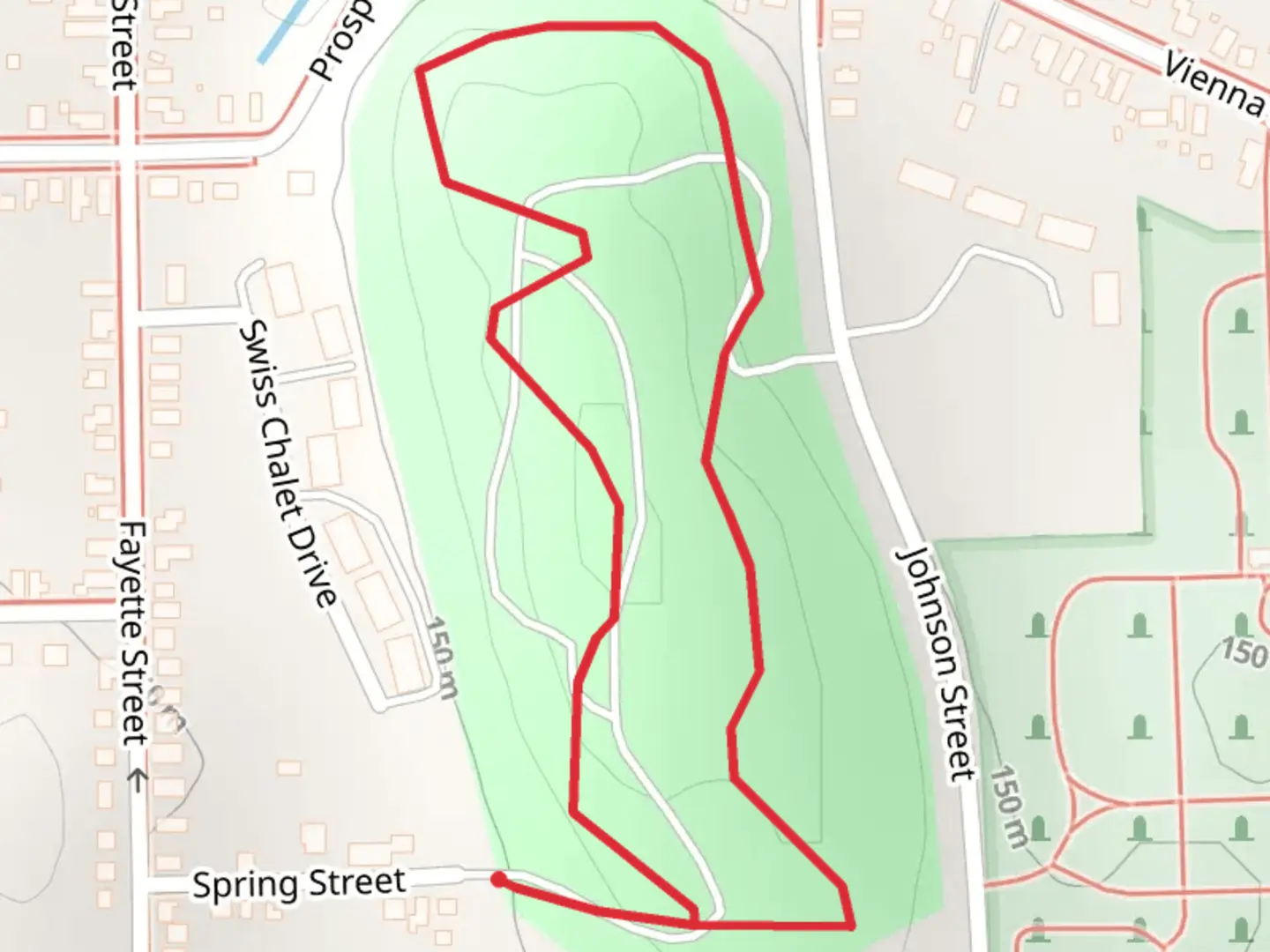 An image depicting the trail Spring Street Loop and its surrounding area.
