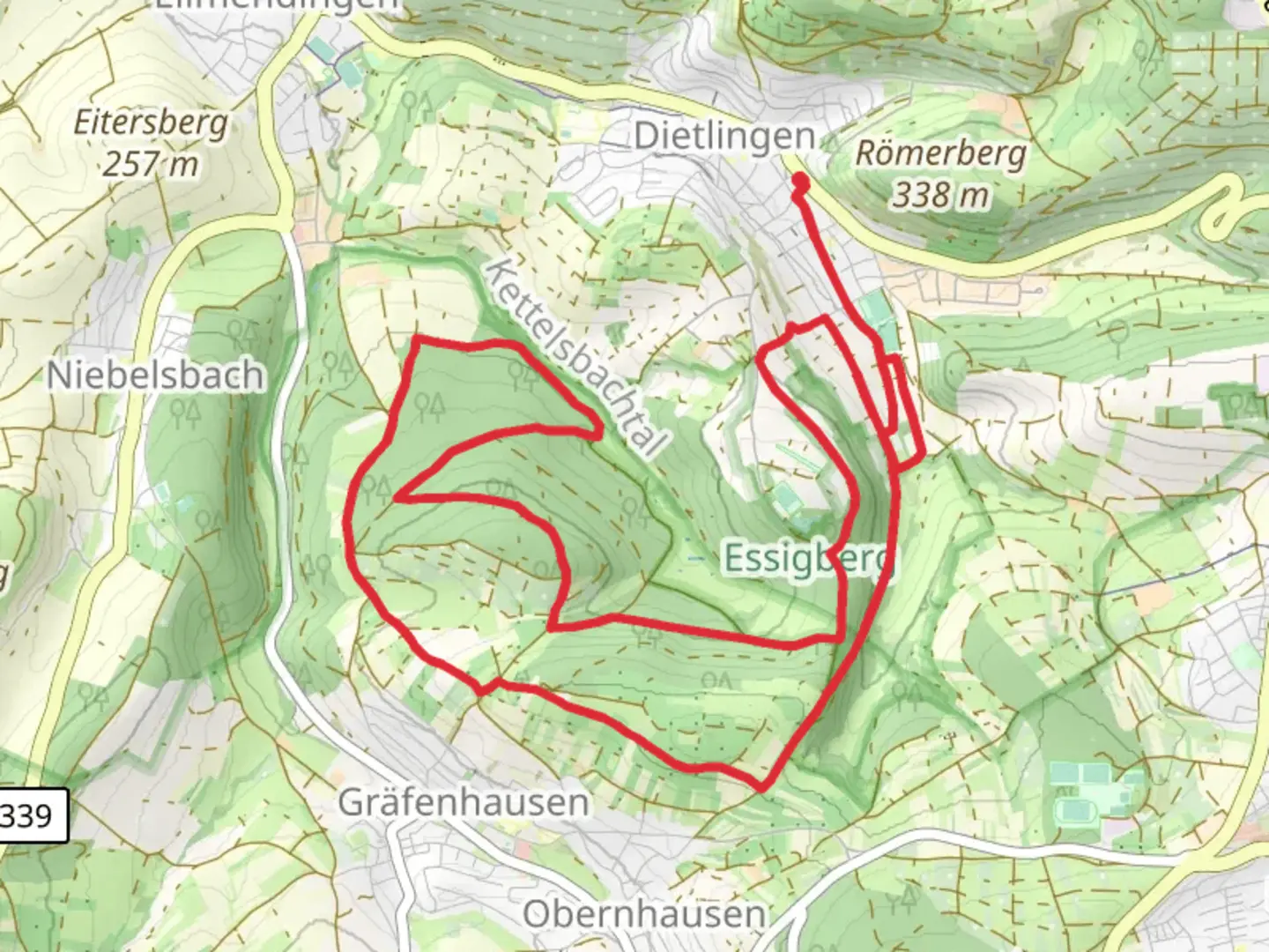 An image depicting the trail Oberes Weitfeld Rix and Sixtweg and its surrounding area.
