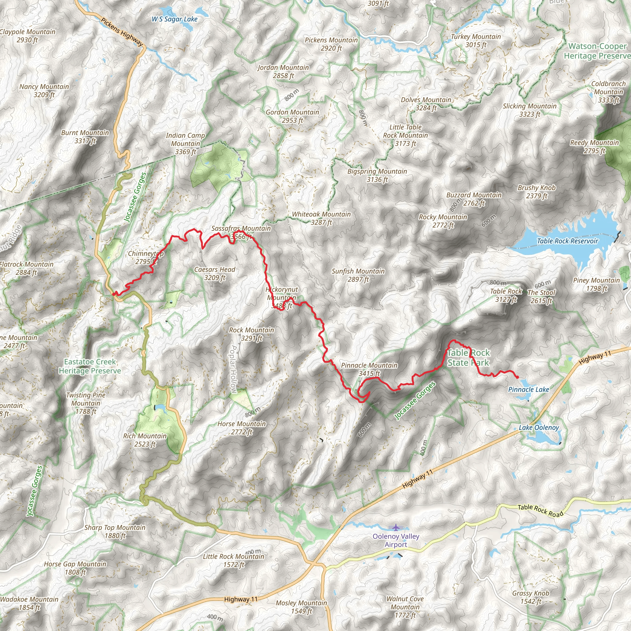 Chimneytop, Sassafras, Hickorynut and Pinnacle Mountains via Foothills Trail mobile static map