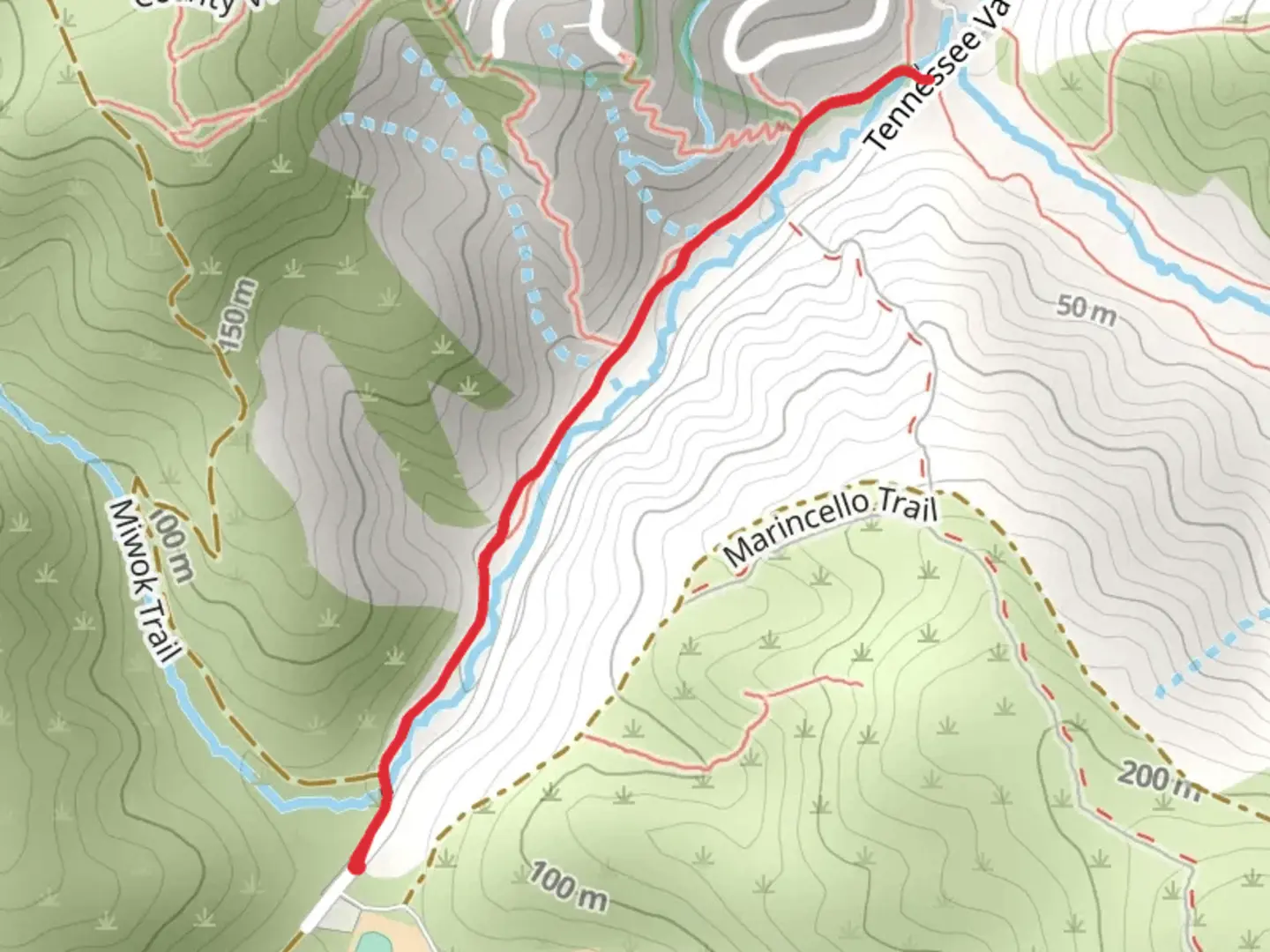 An image depicting the trail Rhubarb Trail from Tennessee Valley Road and its surrounding area.