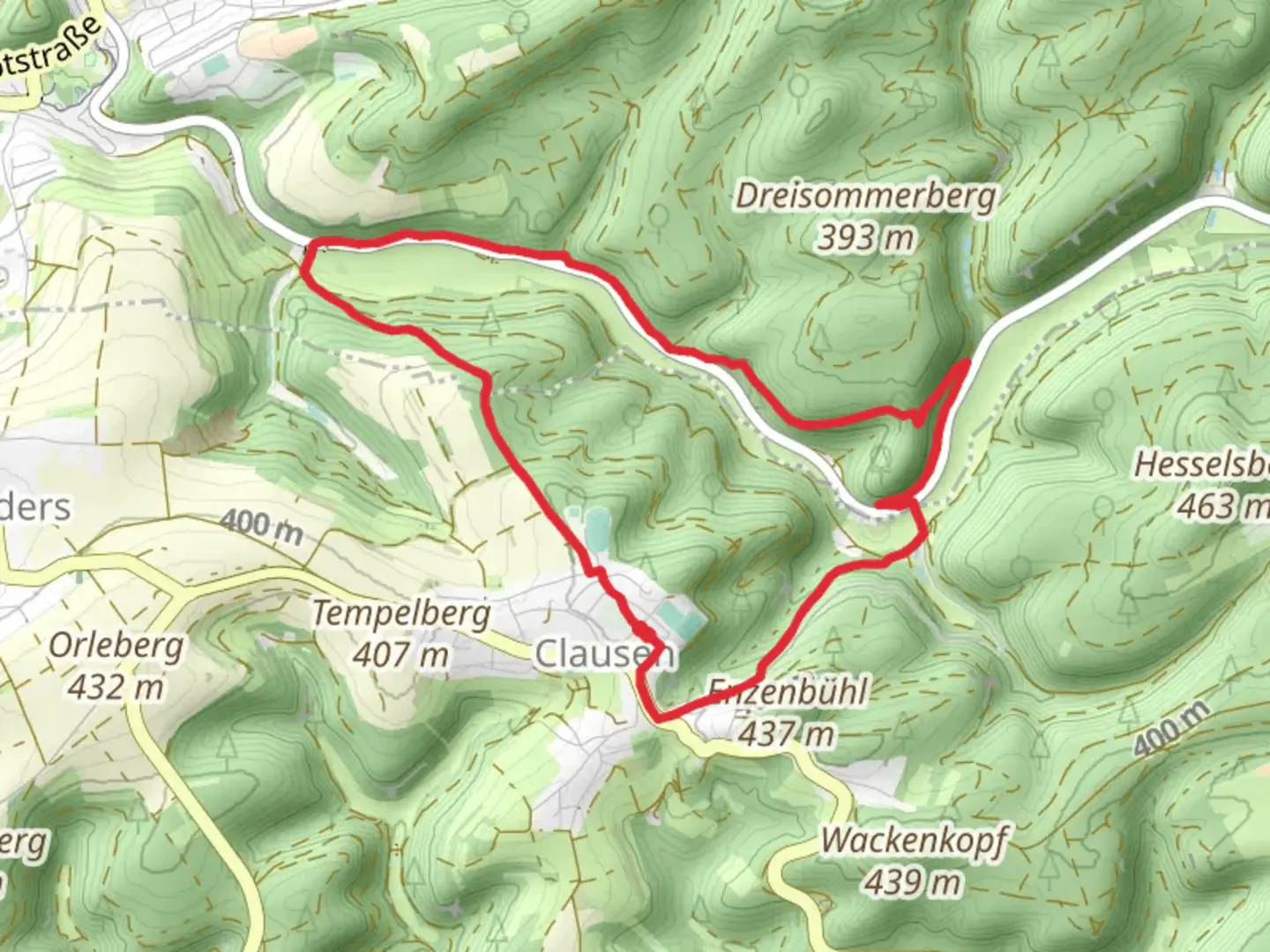 An image depicting the trail Wandern in Clausen Loop and its surrounding area.