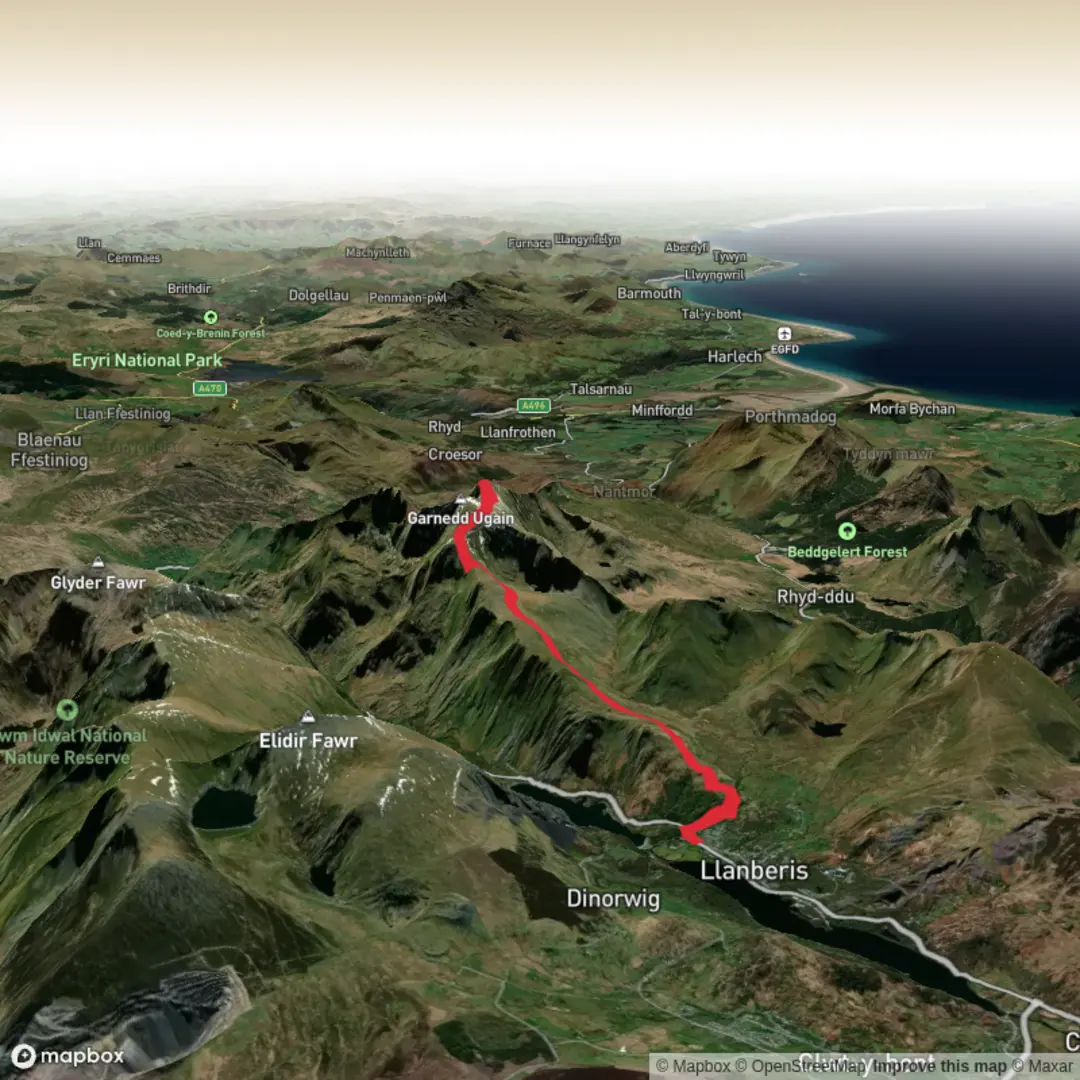 An image depicting the trail Hike from Llanberis over Snowden to Beddgelert and its surrounding area.