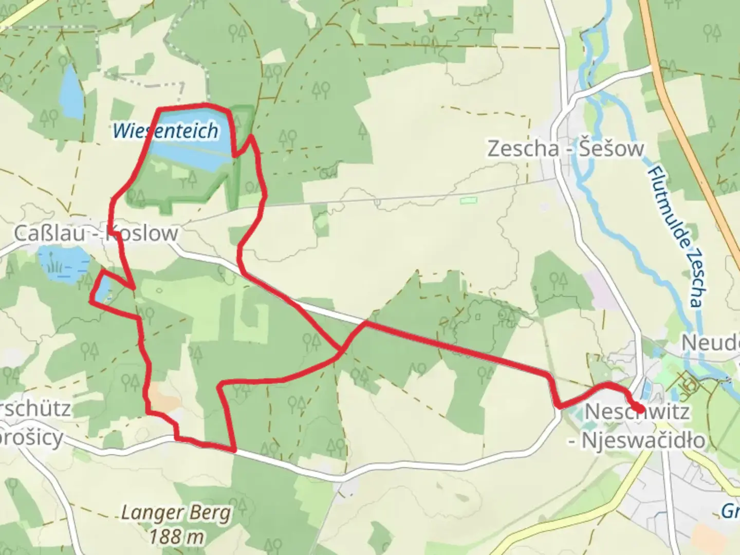An image depicting the trail Samenteich and Wiesenteich via Casslauer Wiesenteiche and its surrounding area.