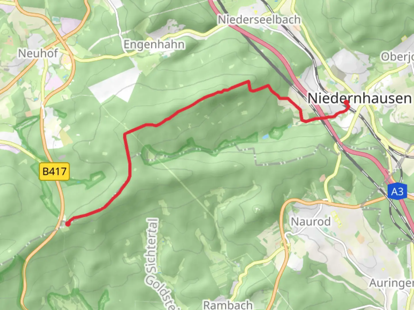 An image depicting the trail Trompeterweg to NiedernhausenSchwarzer Balken and its surrounding area.