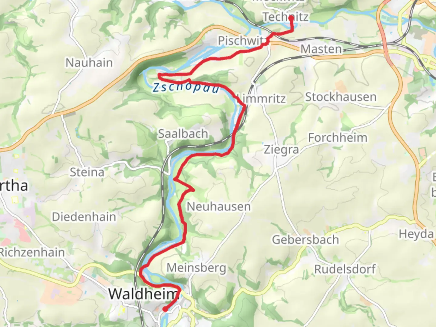 An image depicting the trail Waldheim to Technitz via Töpelwinkel and its surrounding area.