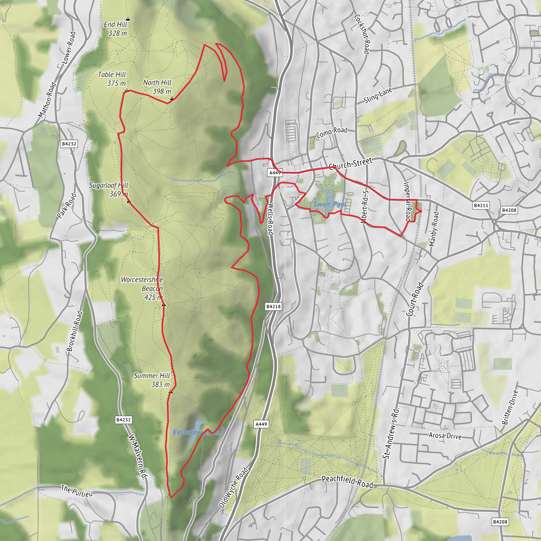 Hike from Great Malvern via Table Hill, Sugarloaf Hill and Worcestershire Beacon mobile static map