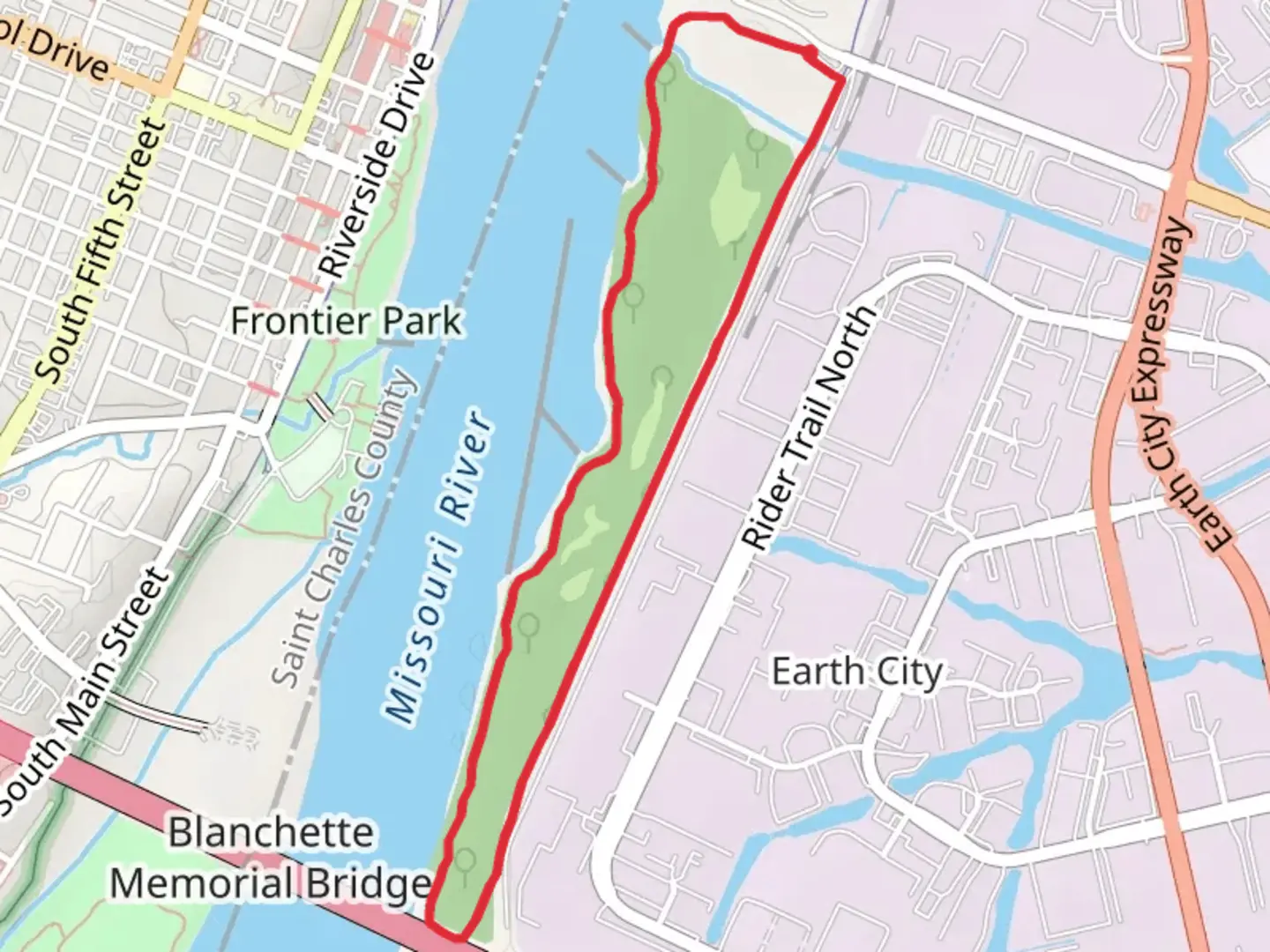 An image depicting the trail Missouri Greenway - Riverwoods Loop Trail and its surrounding area.