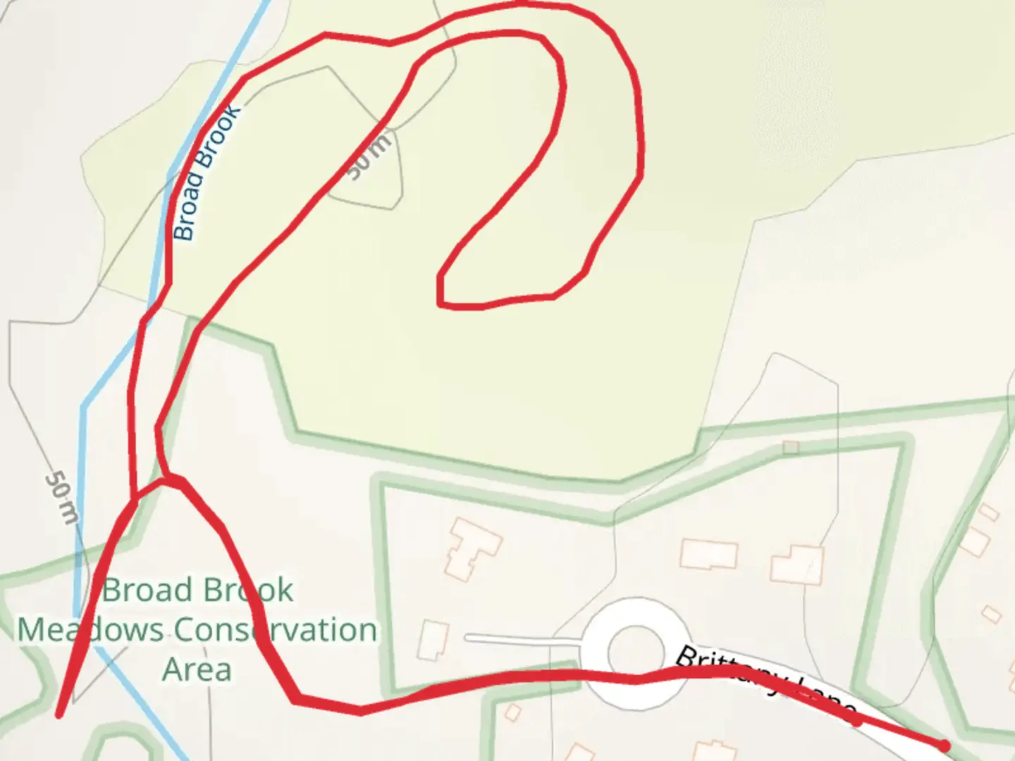 An image depicting the trail Broad Brook from Brittany Lane and its surrounding area.