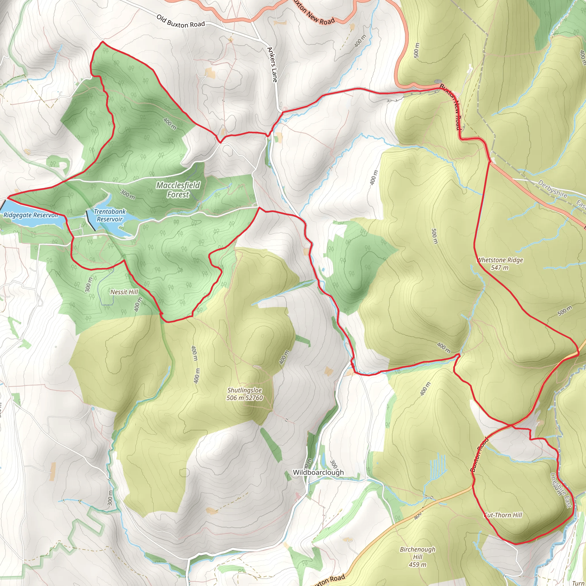 Macclesfield Forest, Ridgegate Reservoir, Three Shire Head and Cut Thorn Hill Loop mobile static map