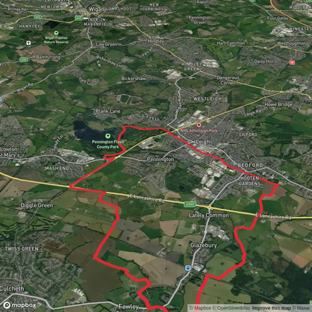 An image depicting the trail Pennington Flash to Glazebury and its surrounding area.