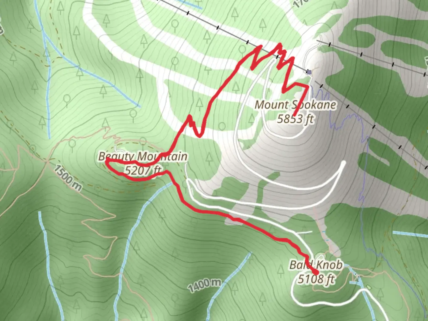 An image depicting the trail Beauty Mountain and Mount Spokane via Trail 130 and its surrounding area.