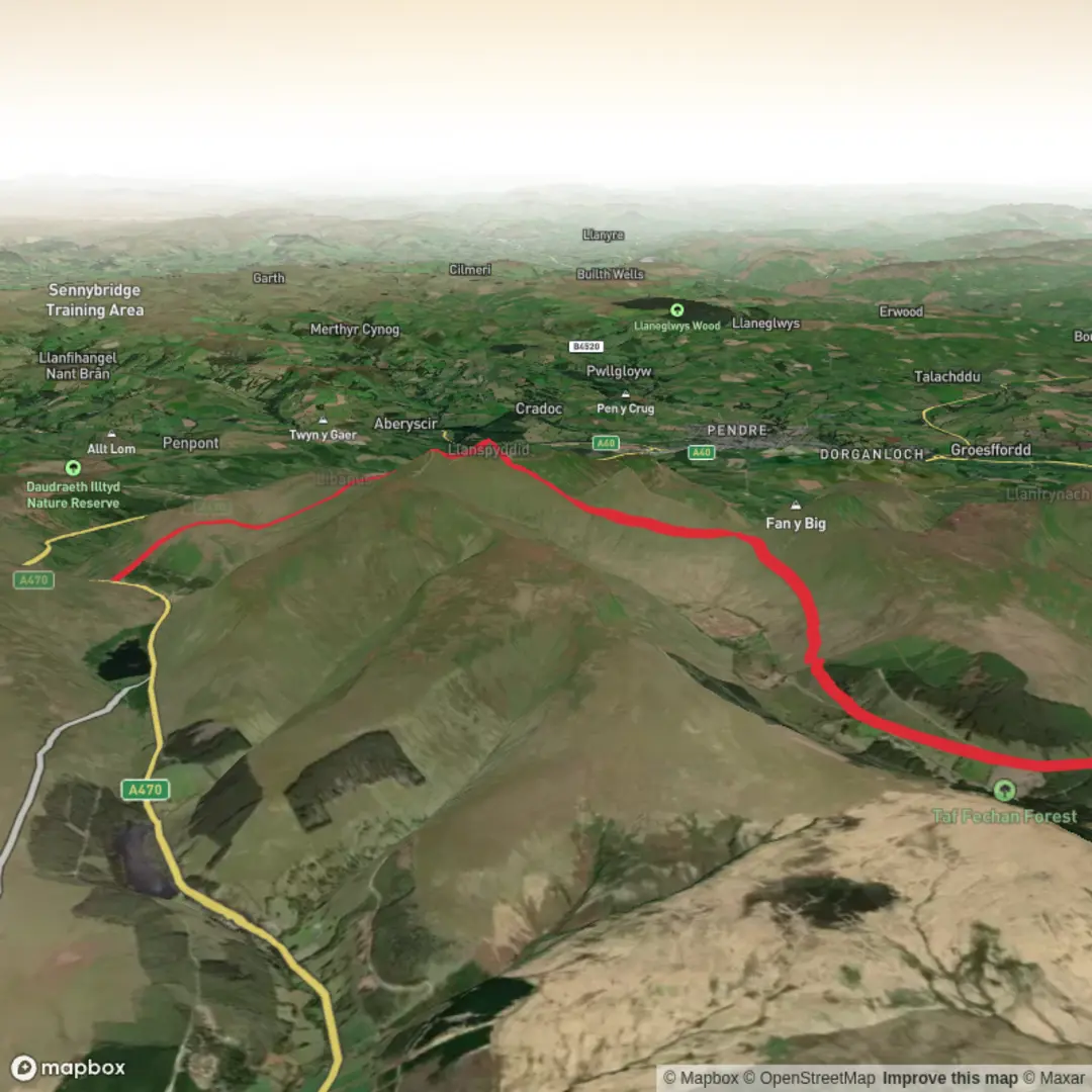 An image depicting the trail Storey Arms Centre to Torpantau and its surrounding area.