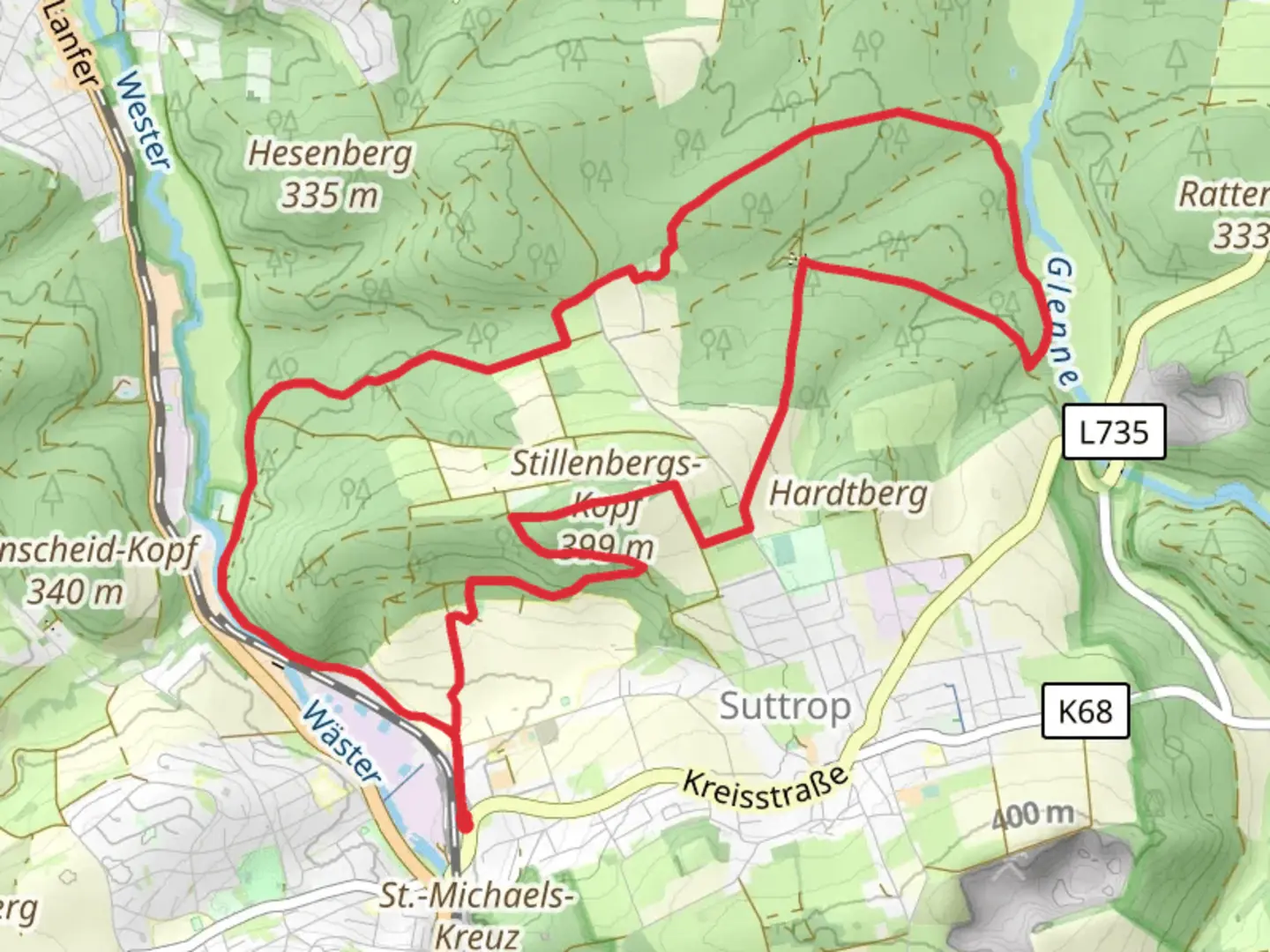 An image depicting the trail Puddelhammer, Bohnenburg and Stillenbergskopf Loop and its surrounding area.
