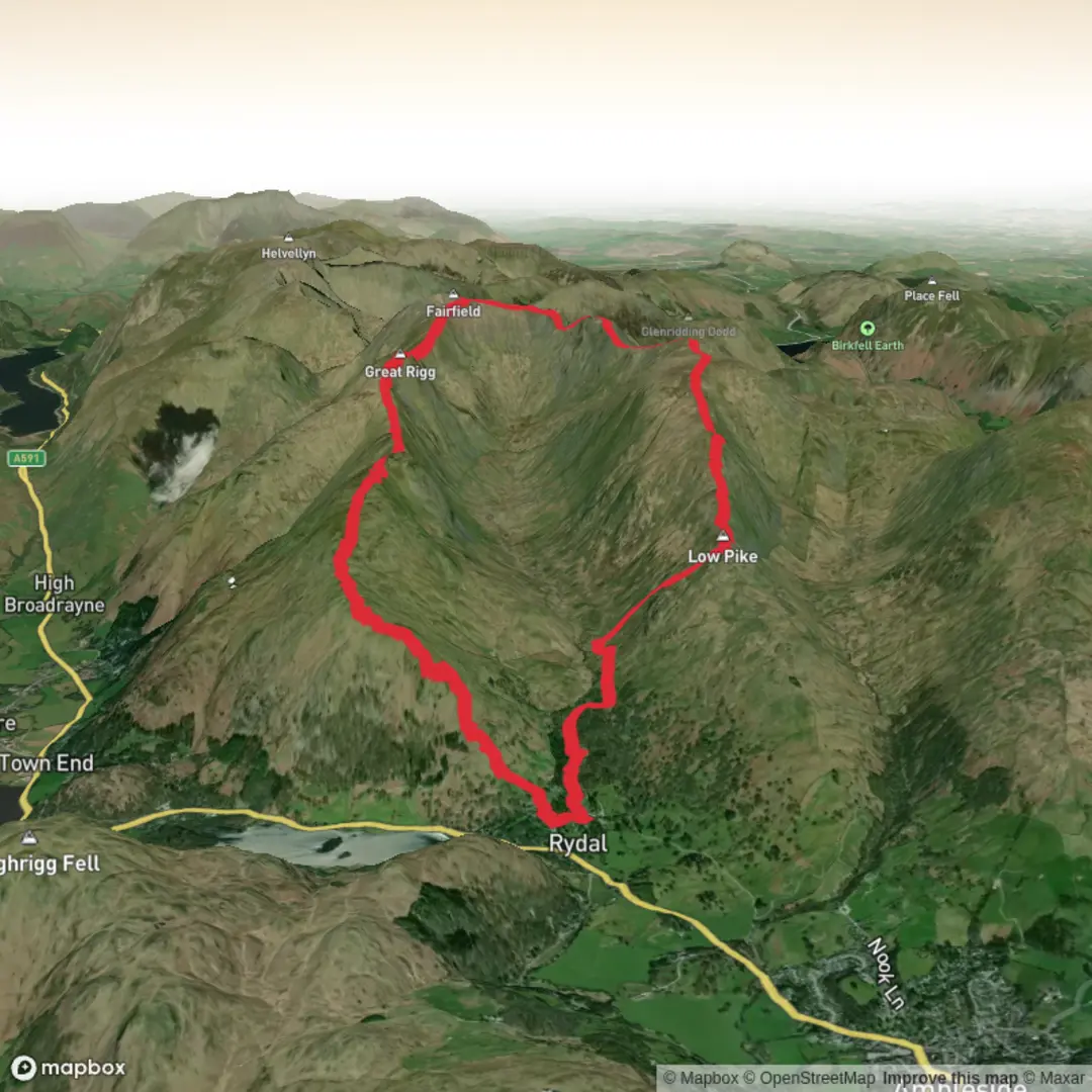 An image depicting the trail Rydal Hall and Fairfield Horseshoe and its surrounding area.