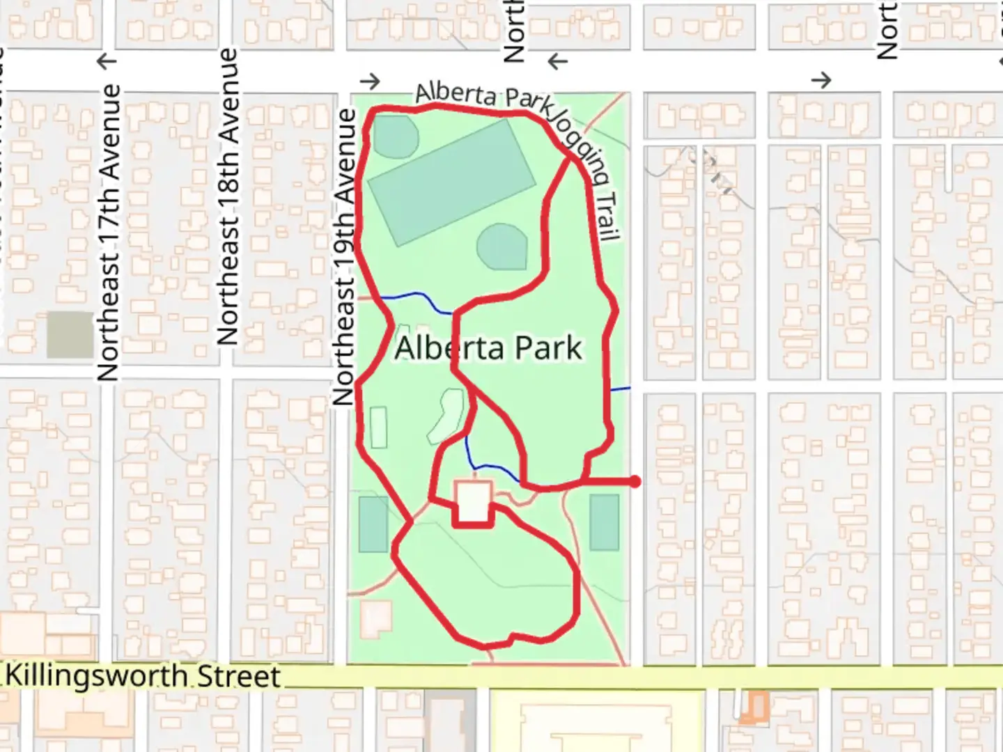 An image depicting the trail Alberta Park Jogging Loop Trail and its surrounding area.