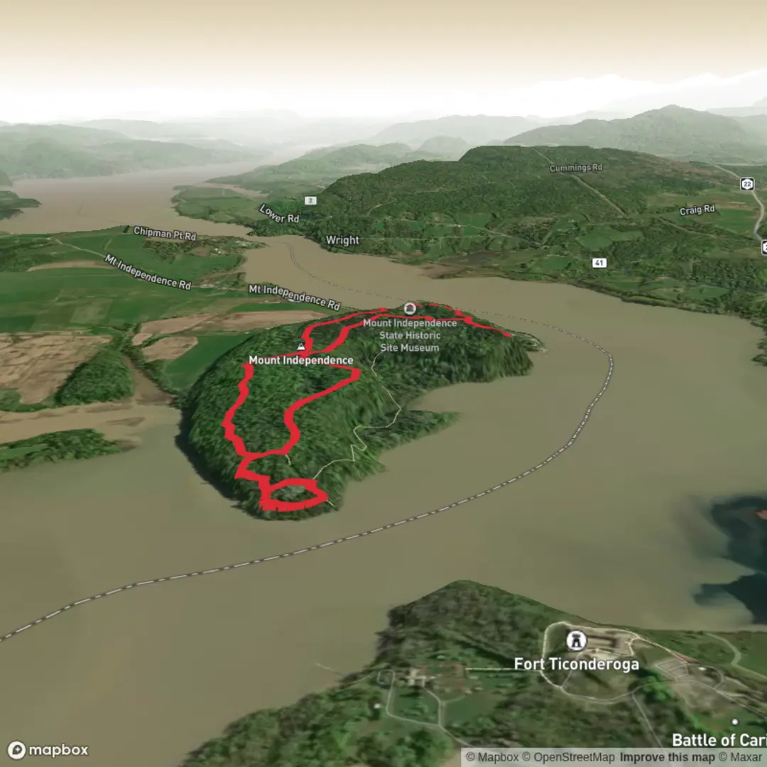 An image depicting the trail Mount Independence via Orange Trail and its surrounding area.