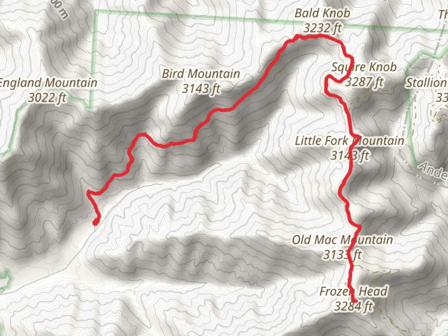 An image depicting the trail Little Fork Mountain and Frozen Head and its surrounding area.