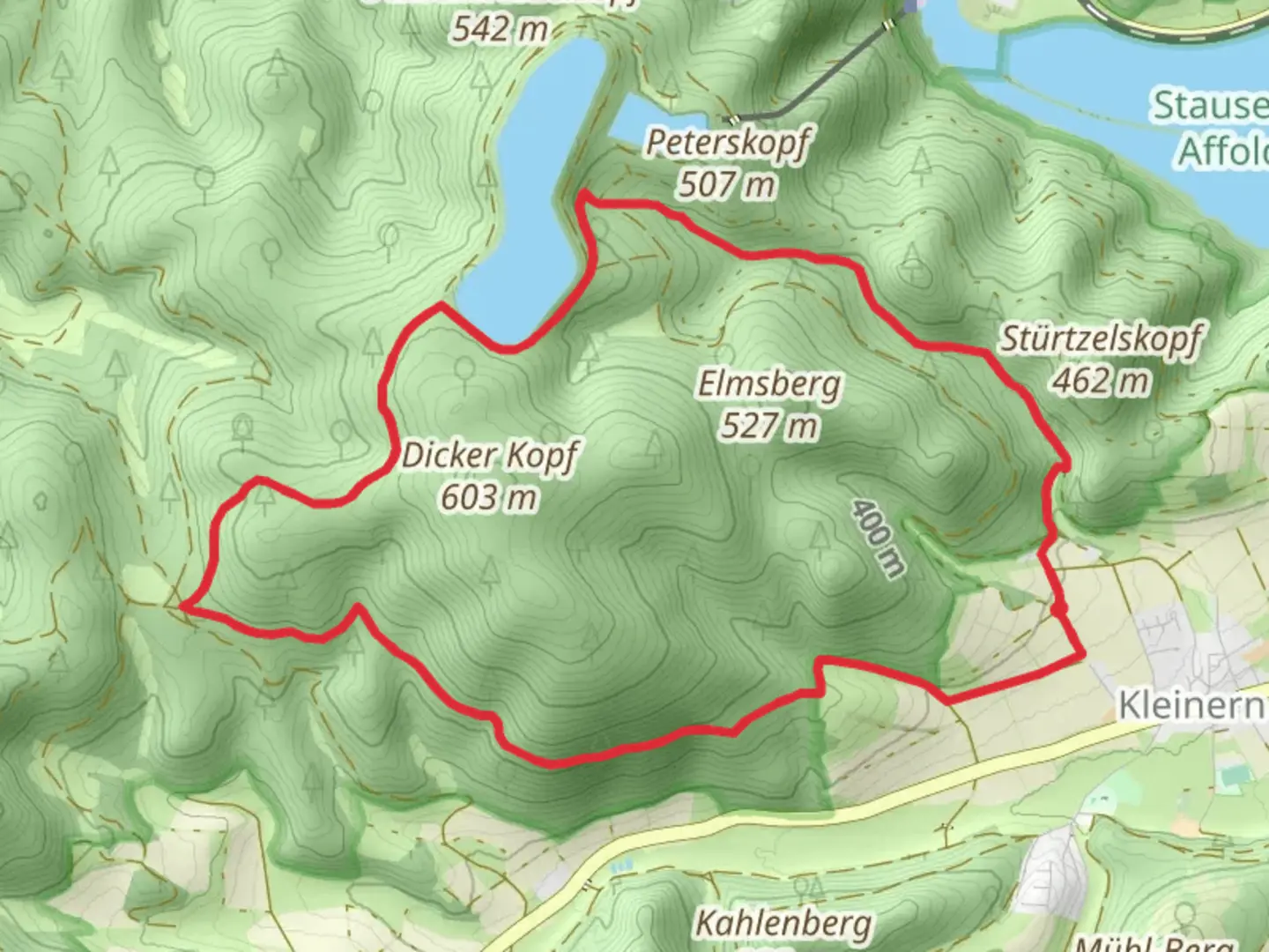 An image depicting the trail Dicker Route and Waldecker Weg and its surrounding area.