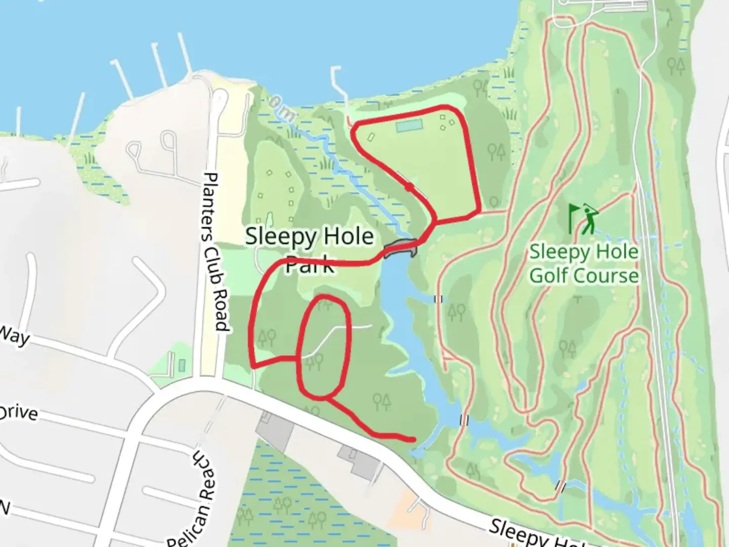 An image depicting the trail Sleepy Hole Park Loop and its surrounding area.