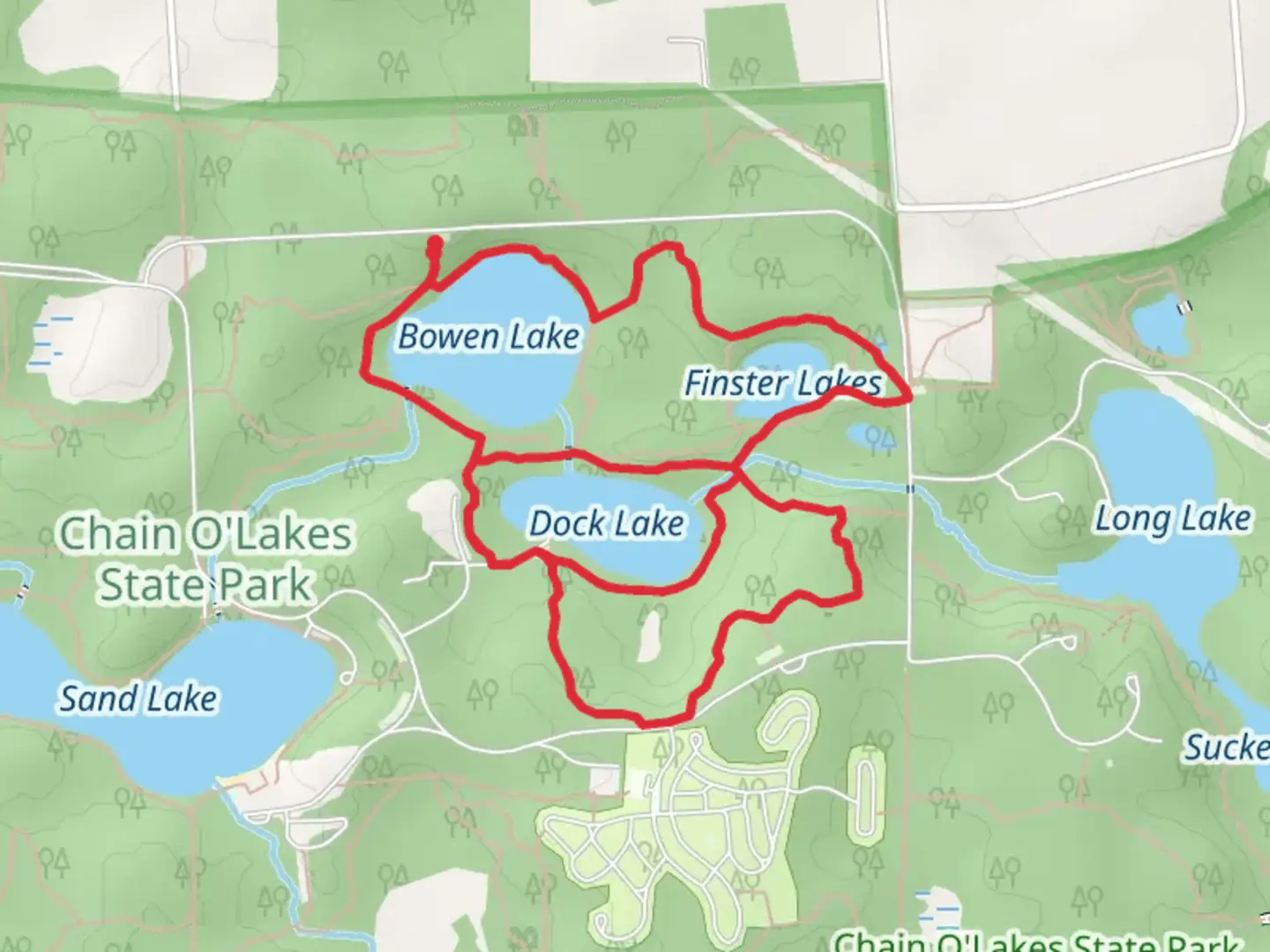 An image depicting the trail Bowen Lake, Finster Lakes and Dock Lake Loop and its surrounding area.