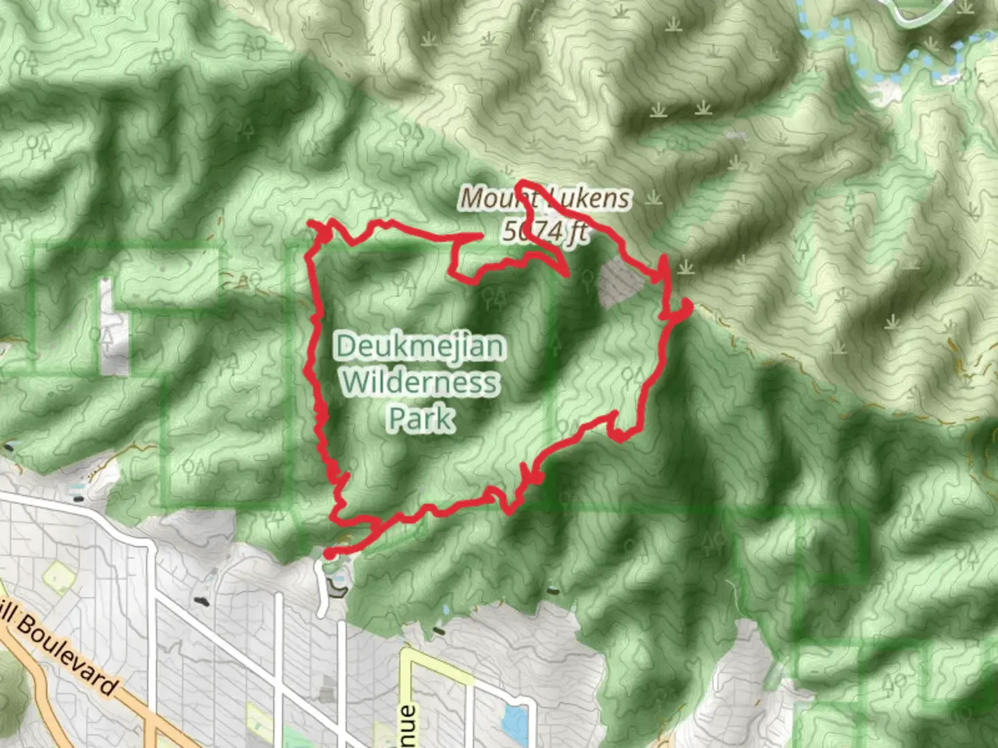 An image depicting the trail Mt Lukens - Rim of the Valley - Crescenta View Loop Trail and its surrounding area.
