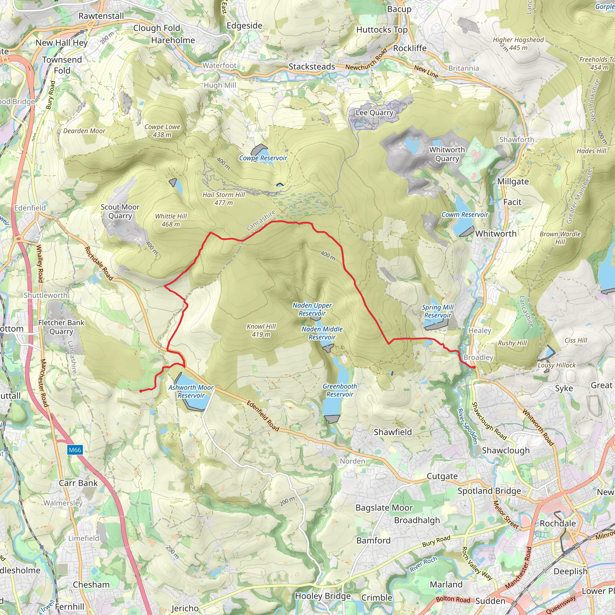 Cheesden to Broadley via Hail Storm Hill mobile static map