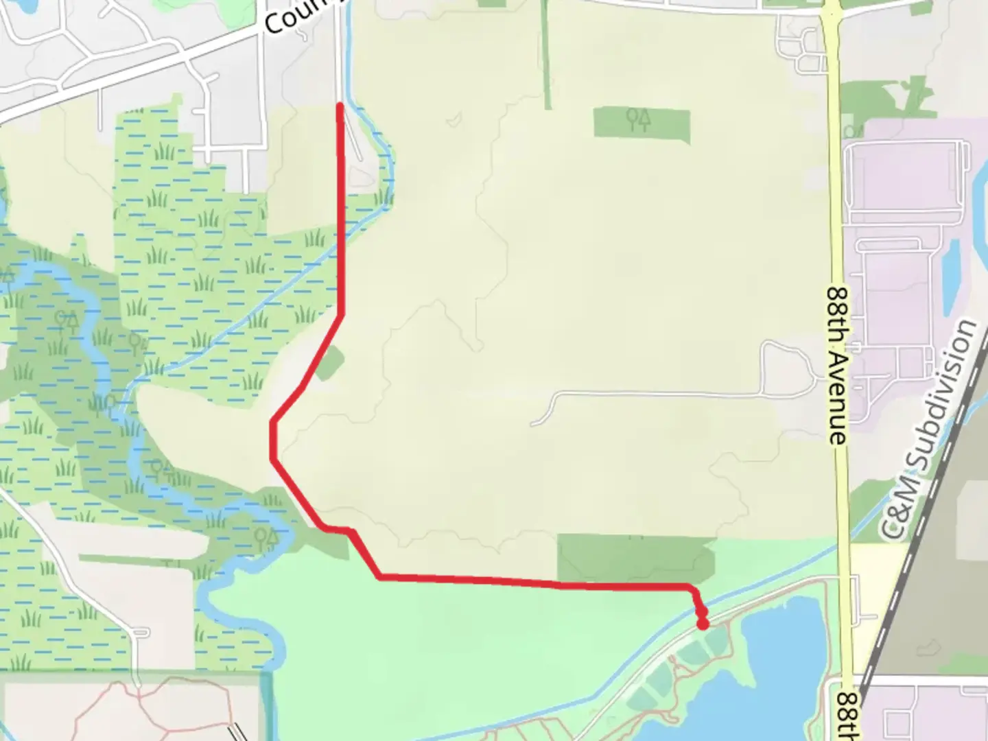 An image depicting the trail Prairie Farms Trail and its surrounding area.