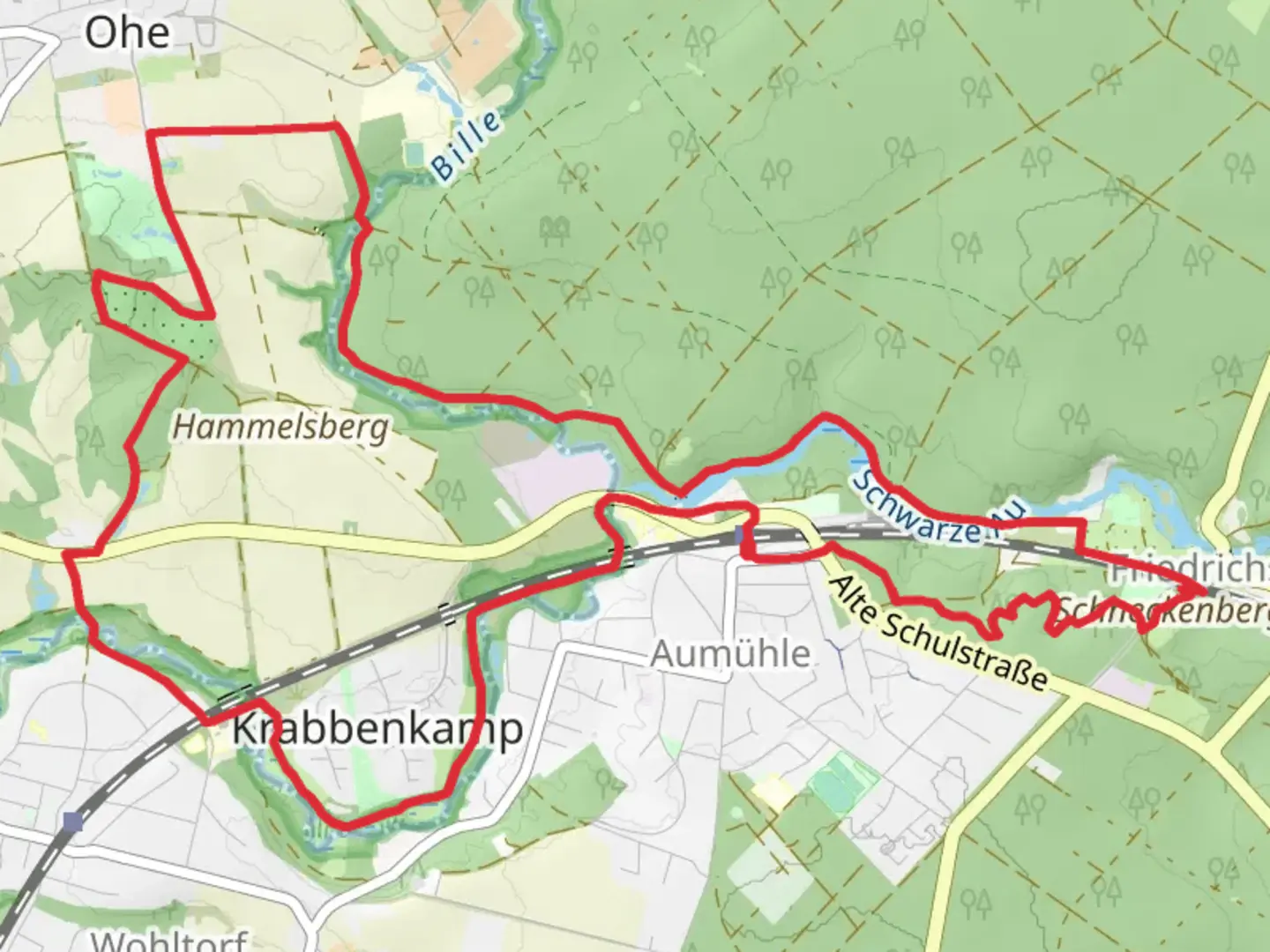 An image depicting the trail Muehlenteich via Schlossweg and Stormarnweg and its surrounding area.