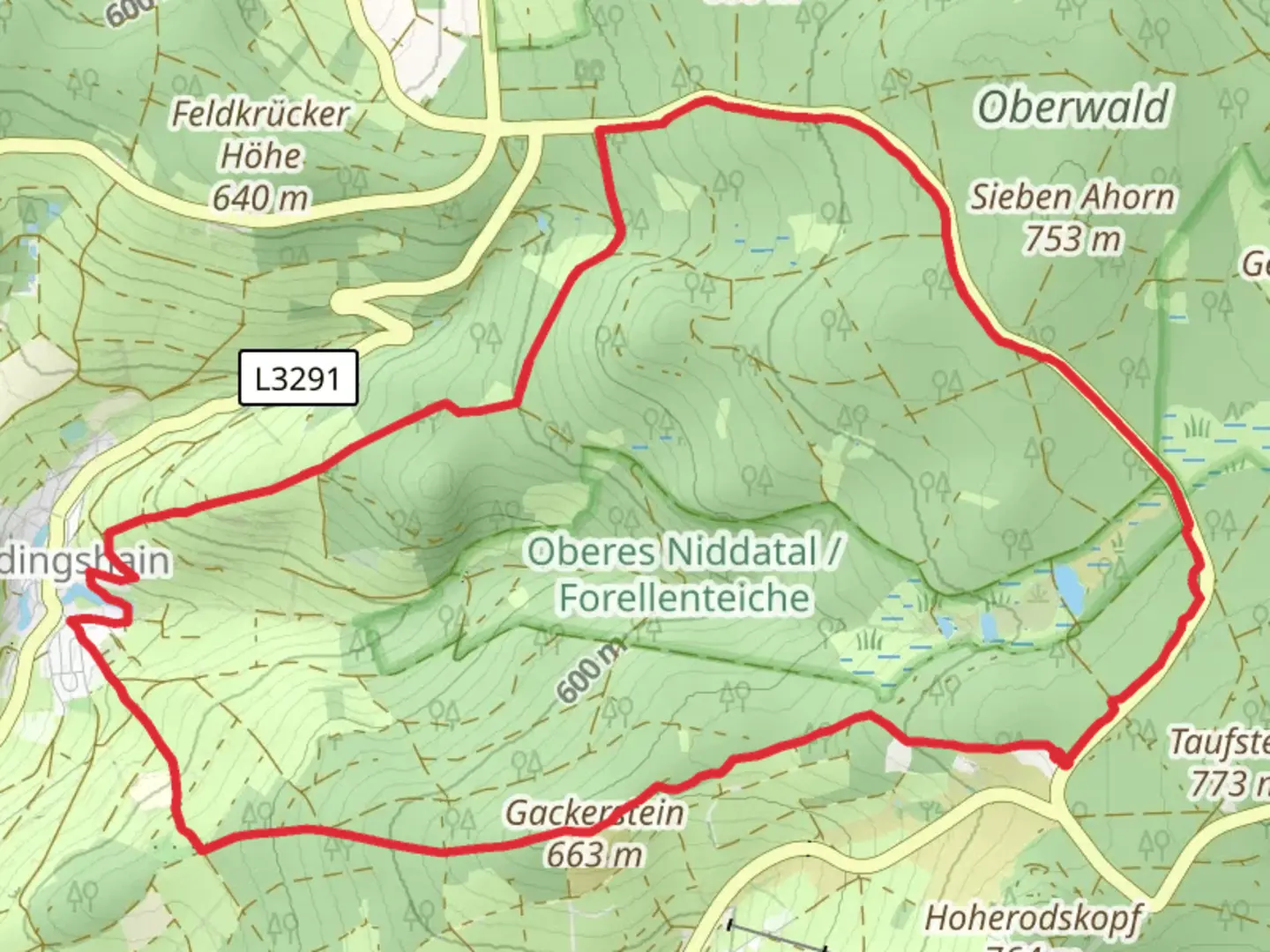 An image depicting the trail Gipfeltour Schotten and Vulkan Steig and its surrounding area.