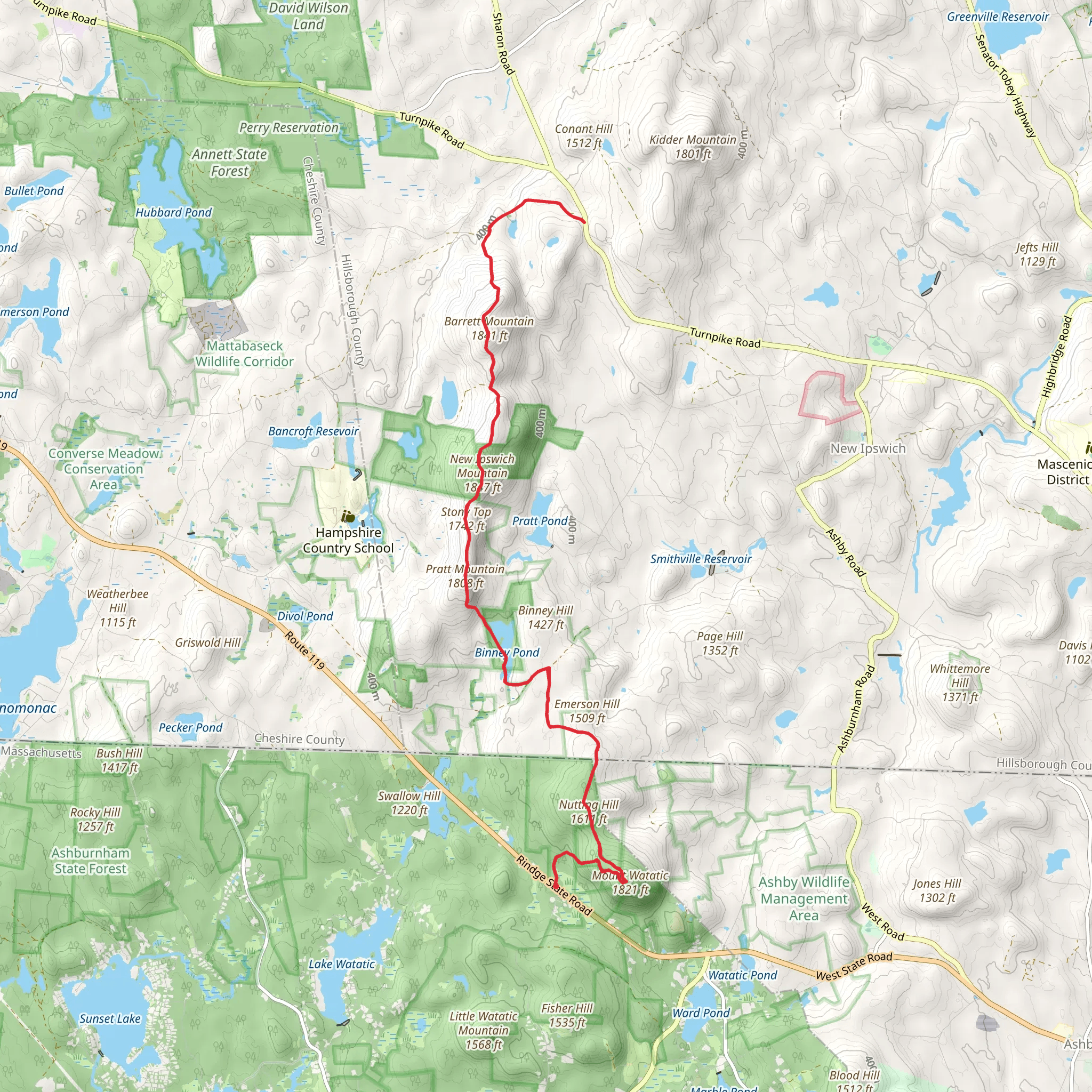 Mount Watatic to Barrett Mountain via Wapack Trail mobile static map
