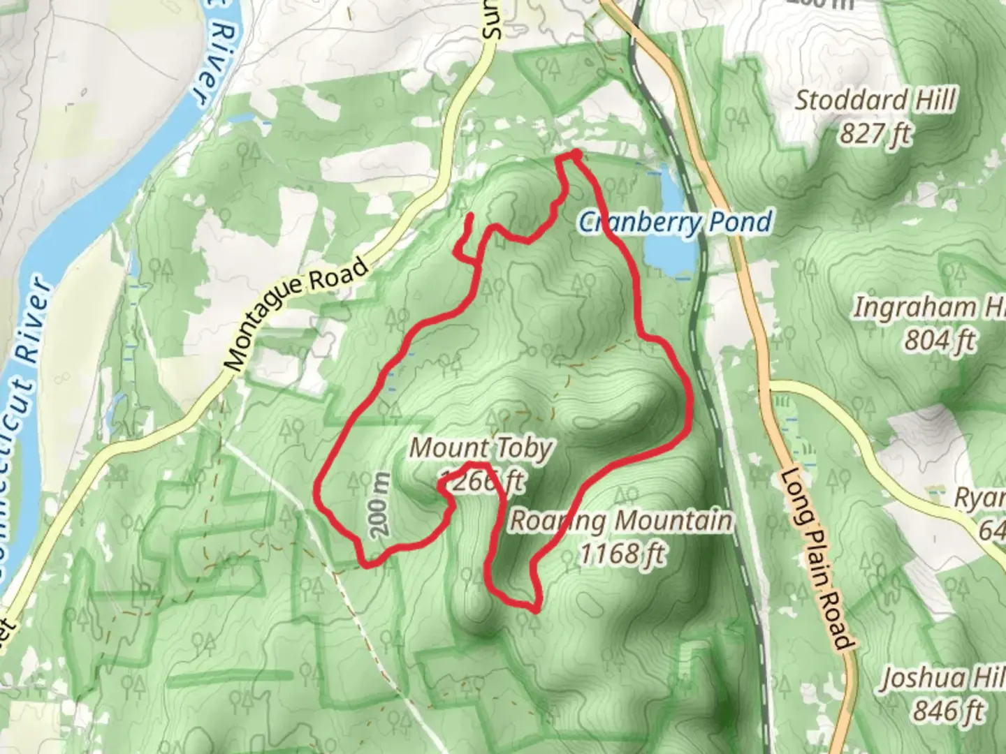 An image depicting the trail Sugar Farms Trail and Mount Toby Loop Trail and its surrounding area.