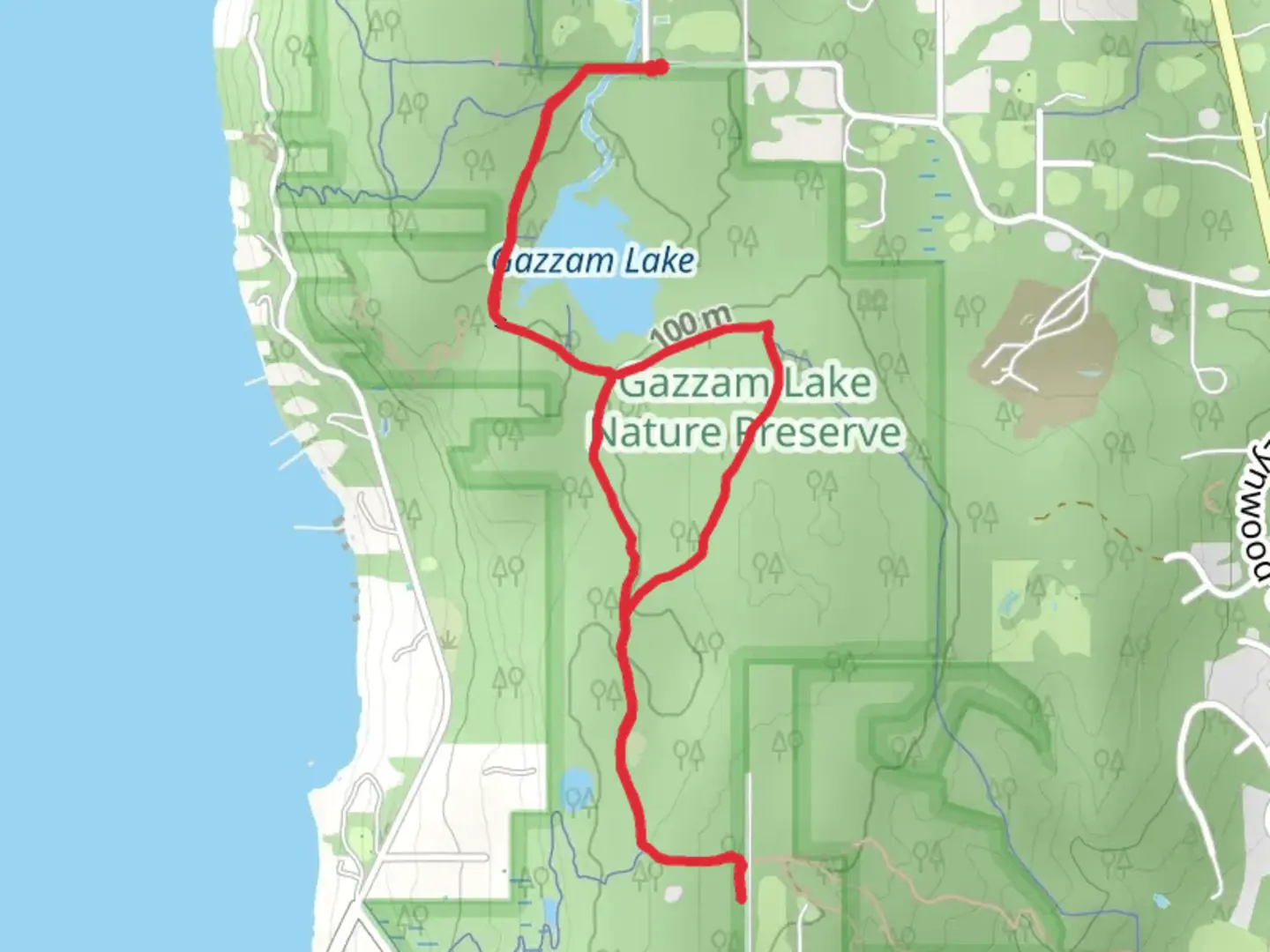 An image depicting the trail Gazzam Lake Loop and Main Trail and its surrounding area.