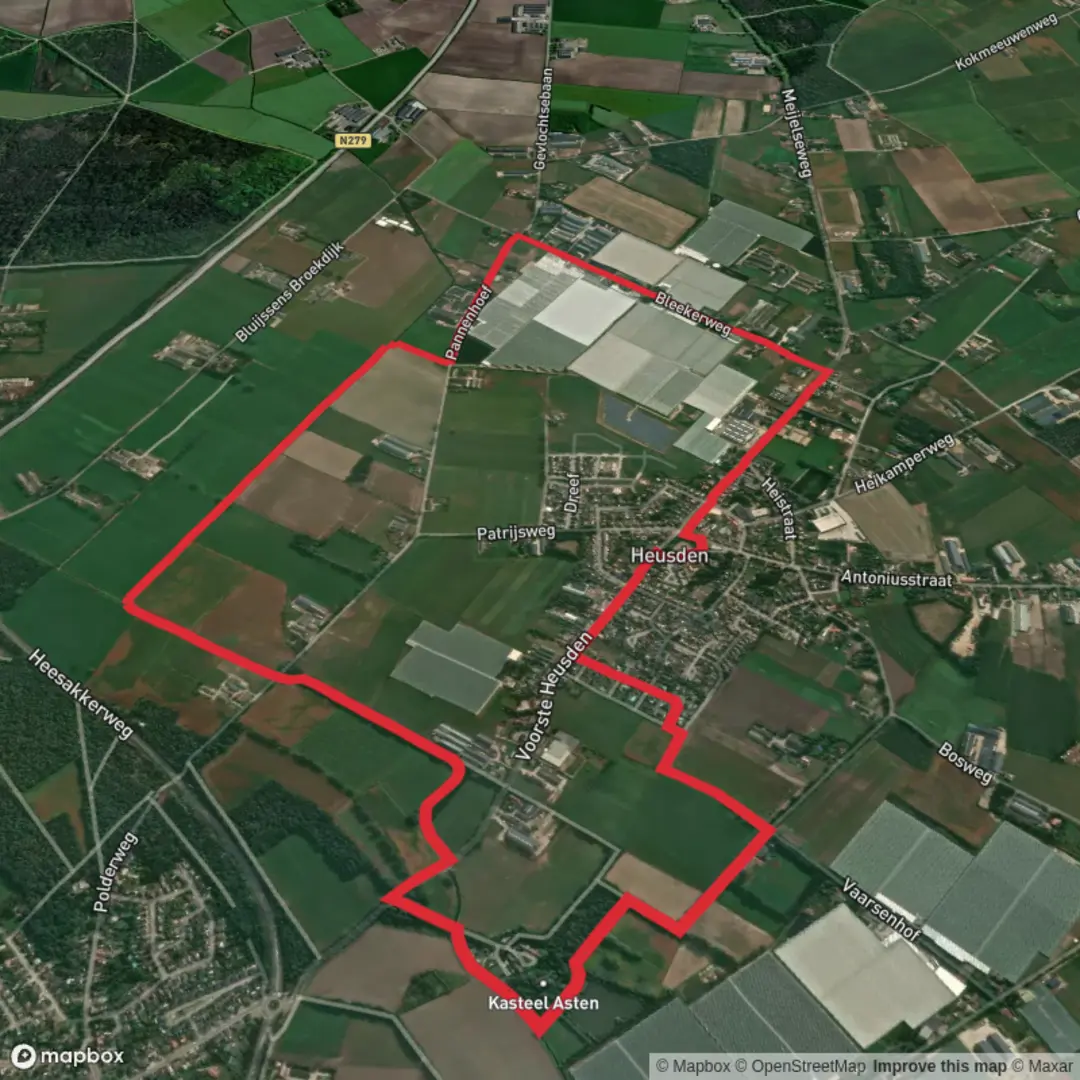 An image depicting the trail Kasteel Asten via Bleeker Weg and Veldloop and its surrounding area.